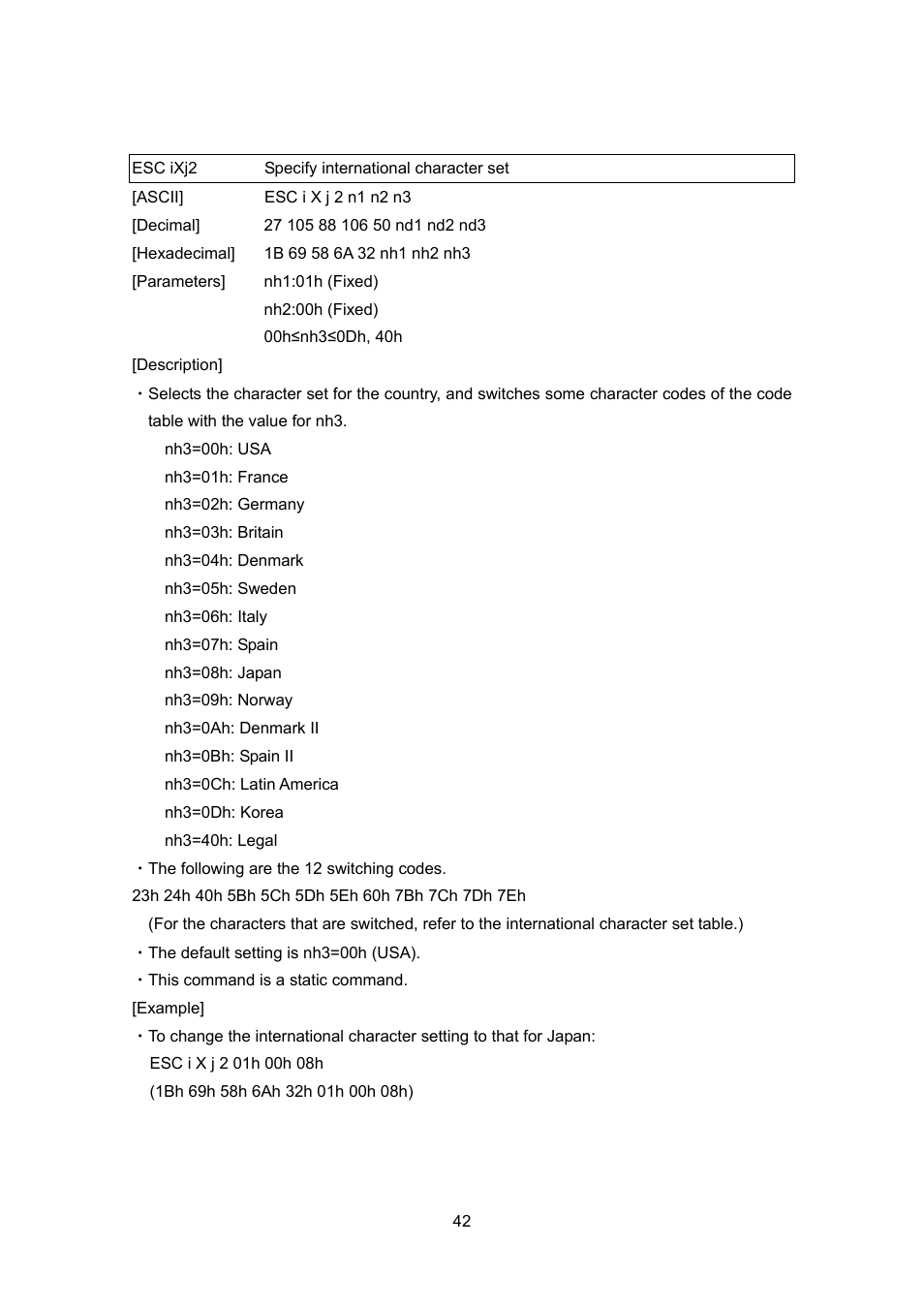 Esc ixj2 specify international character set, Esc ixj2, Specify international character set | Brother TD-4100N User Manual | Page 62 / 88