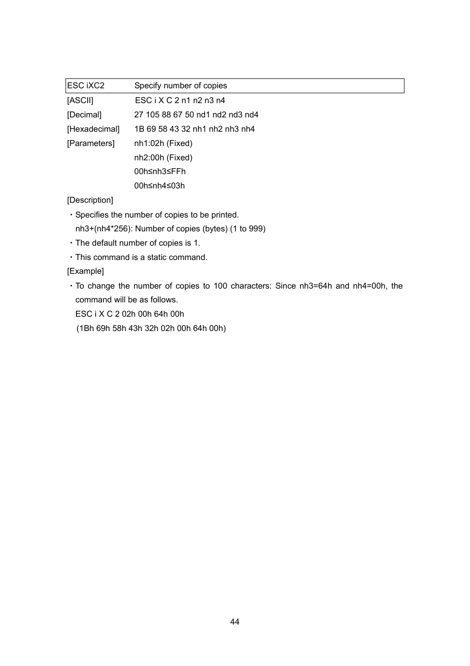 Esc ixc2 specify number of copies, Esc ixc2, Specify number of copies | Brother TD-4100N User Manual | Page 64 / 88