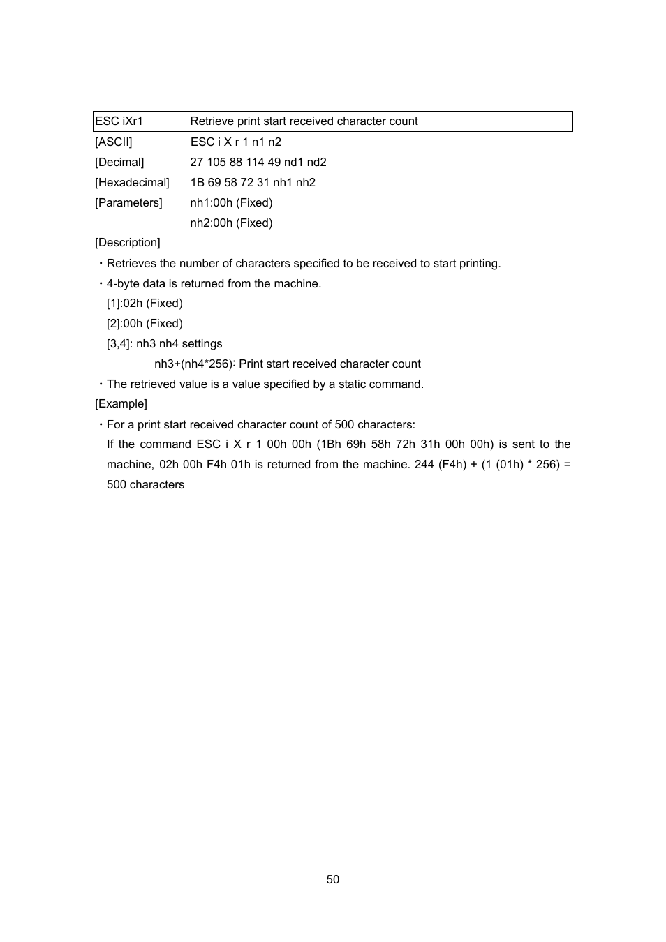 Esc ixr1, Retrieve print start received character count | Brother TD-4100N User Manual | Page 70 / 88