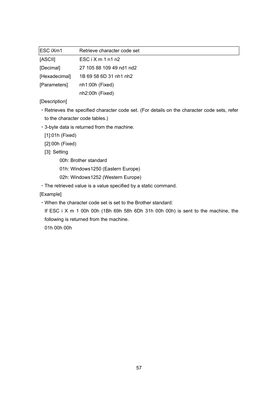 Esc ixm1 retrieve character code set, Esc ixm1, Retrieve character code set | Brother TD-4100N User Manual | Page 77 / 88