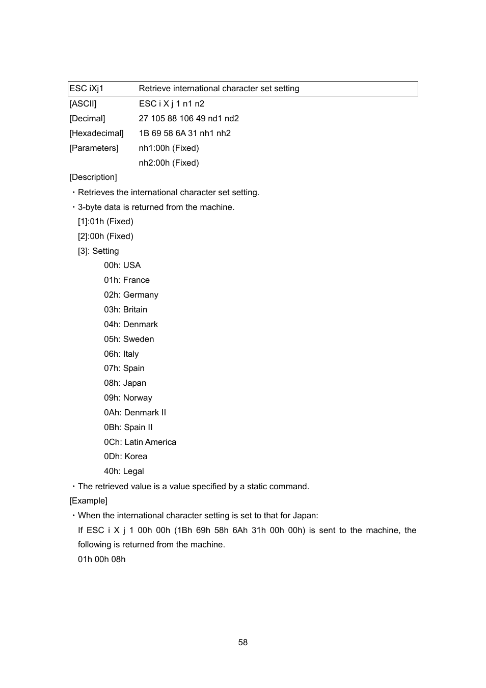 Esc ixj1, Retrieve international character set setting | Brother TD-4100N User Manual | Page 78 / 88