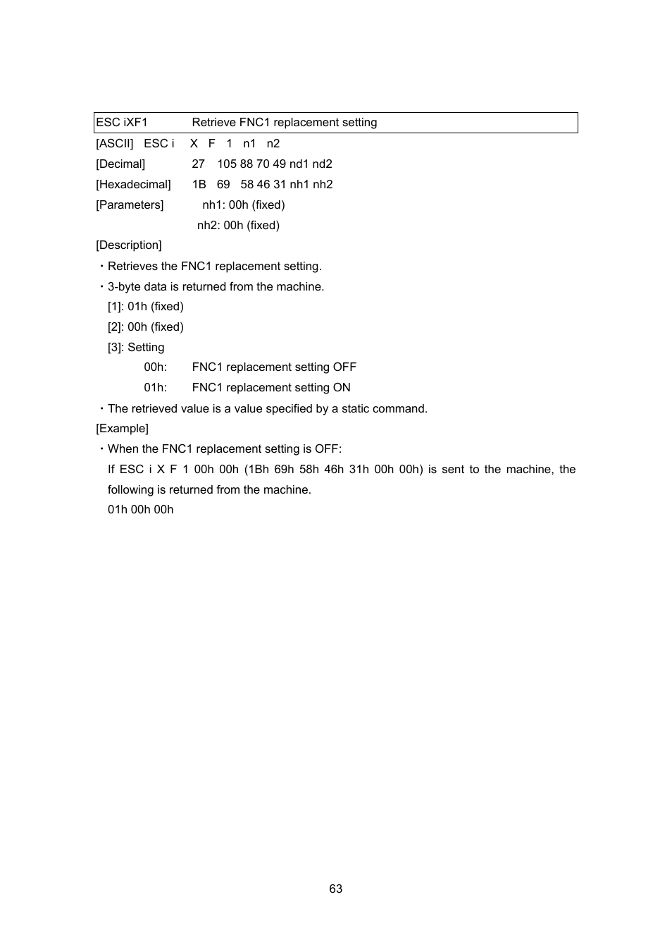 Esc ixf1 retrieve fnc1 replacement setting, Esc ixf1, Retrieve fnc1 replacement setting | Brother TD-4100N User Manual | Page 83 / 88