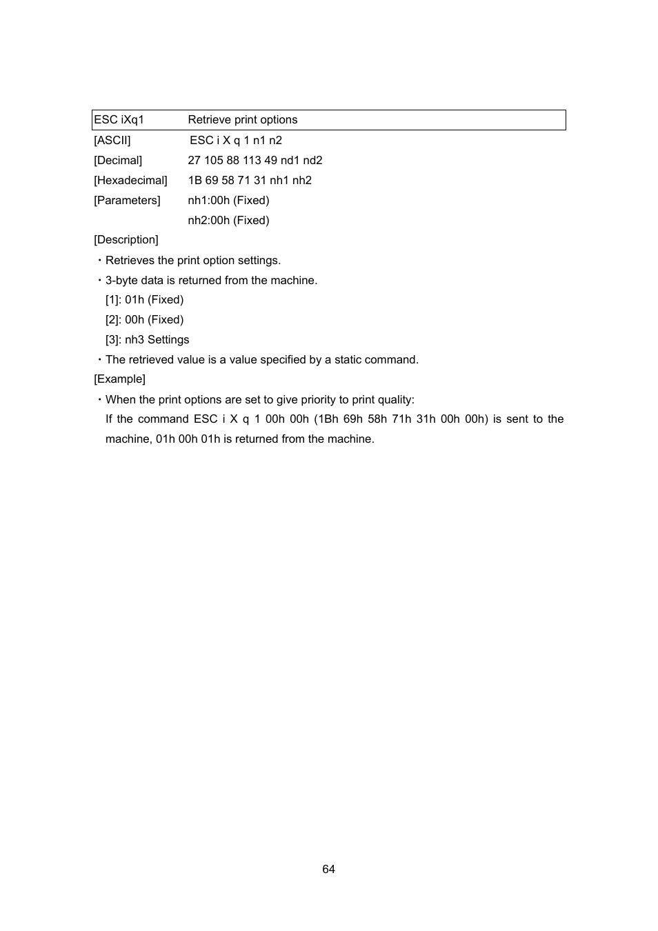 Esc ixq1 retrieve print options, Esc ixq1, Retrieve print options | Brother TD-4100N User Manual | Page 84 / 88