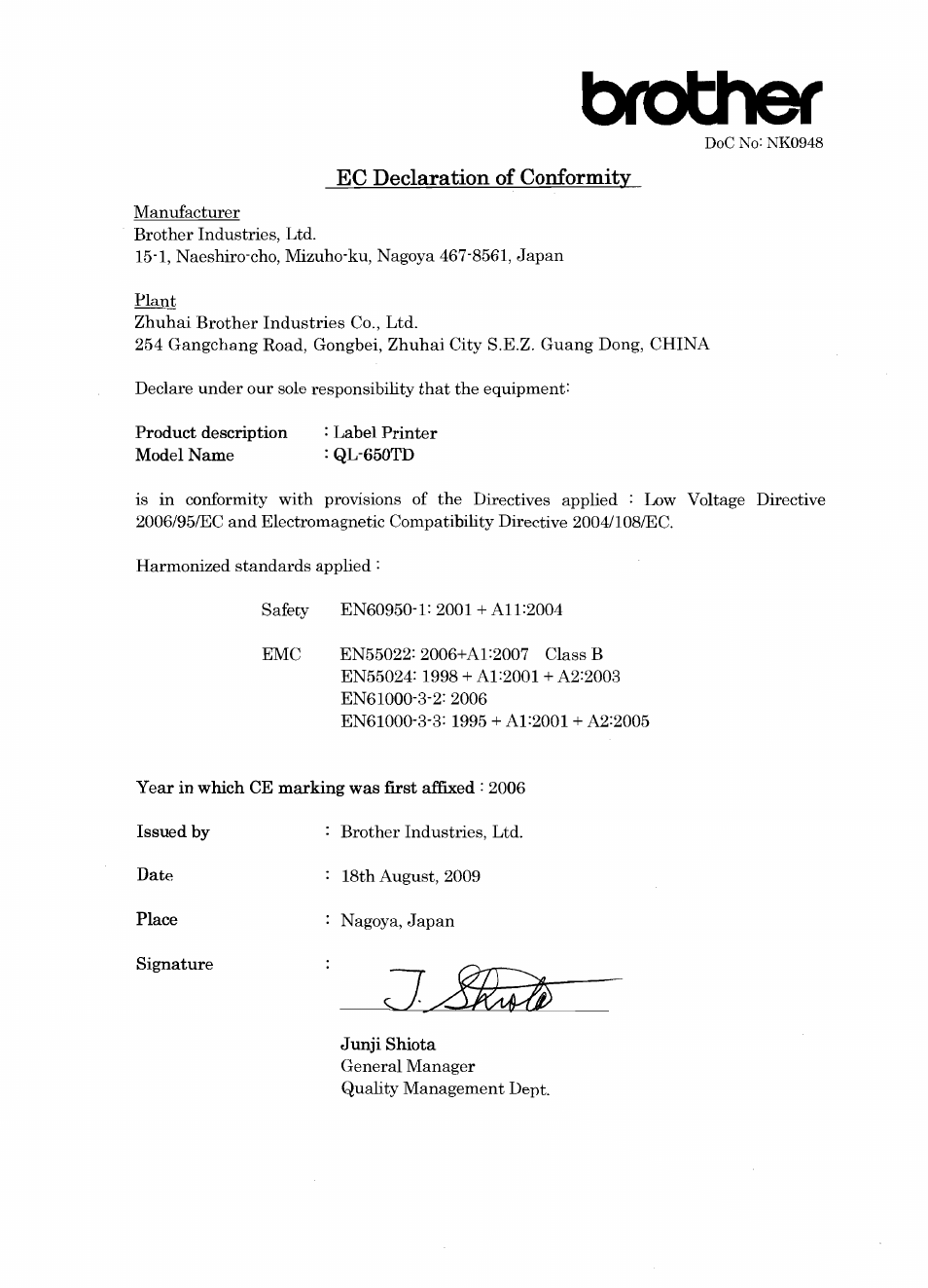 Brother, Ec declaration of conformity | Brother QL-650TD User Manual | Page 2 / 4