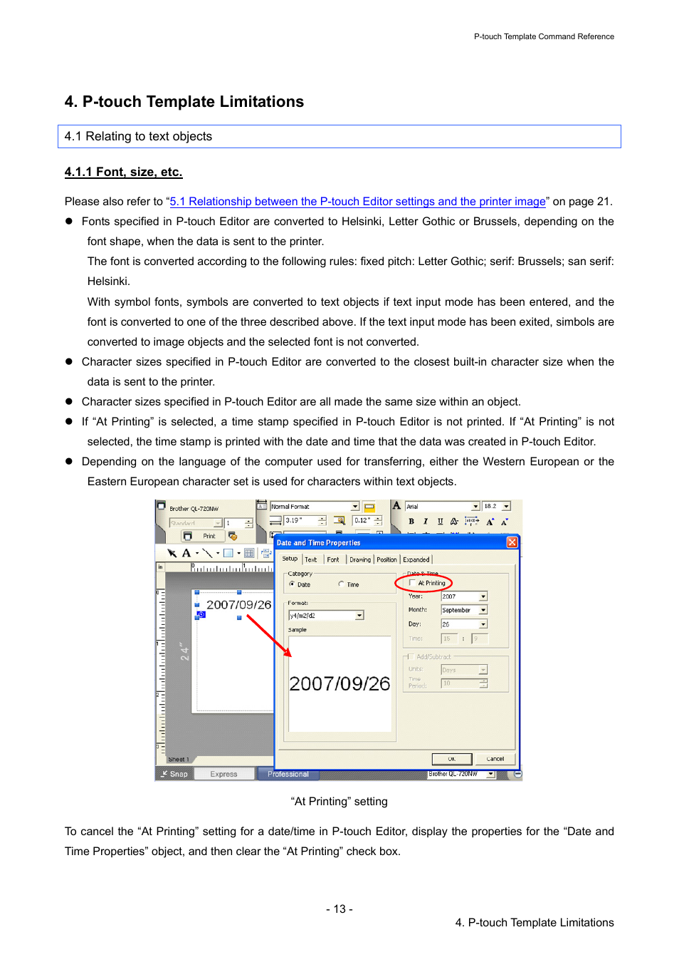 P-touch template limitations, 1 relating to text objects, 1 font, size, etc | Brother QL-720NW User Manual | Page 18 / 96