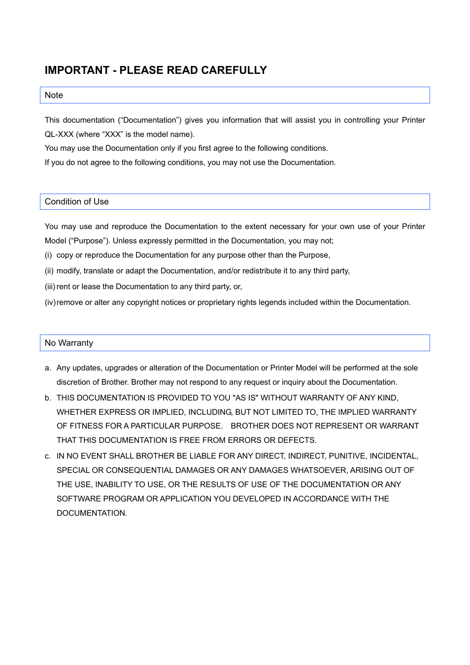 Important - please read carefully, Note, Condition of use | No warranty | Brother QL-720NW User Manual | Page 3 / 96