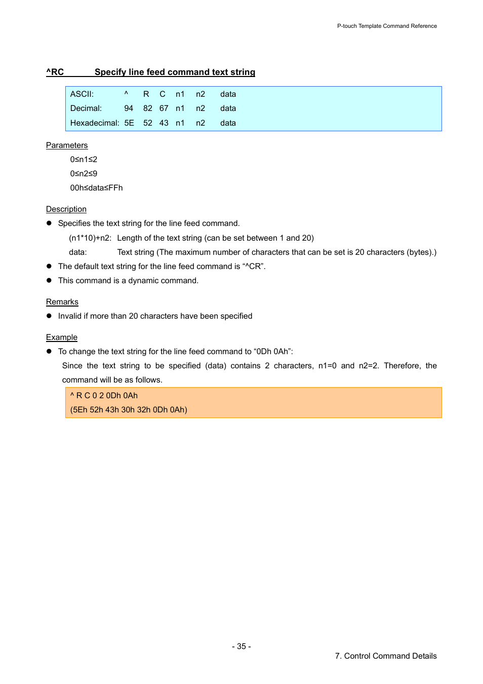 Rc specify line feed command text string, Specify line feed command text string | Brother QL-720NW User Manual | Page 40 / 96