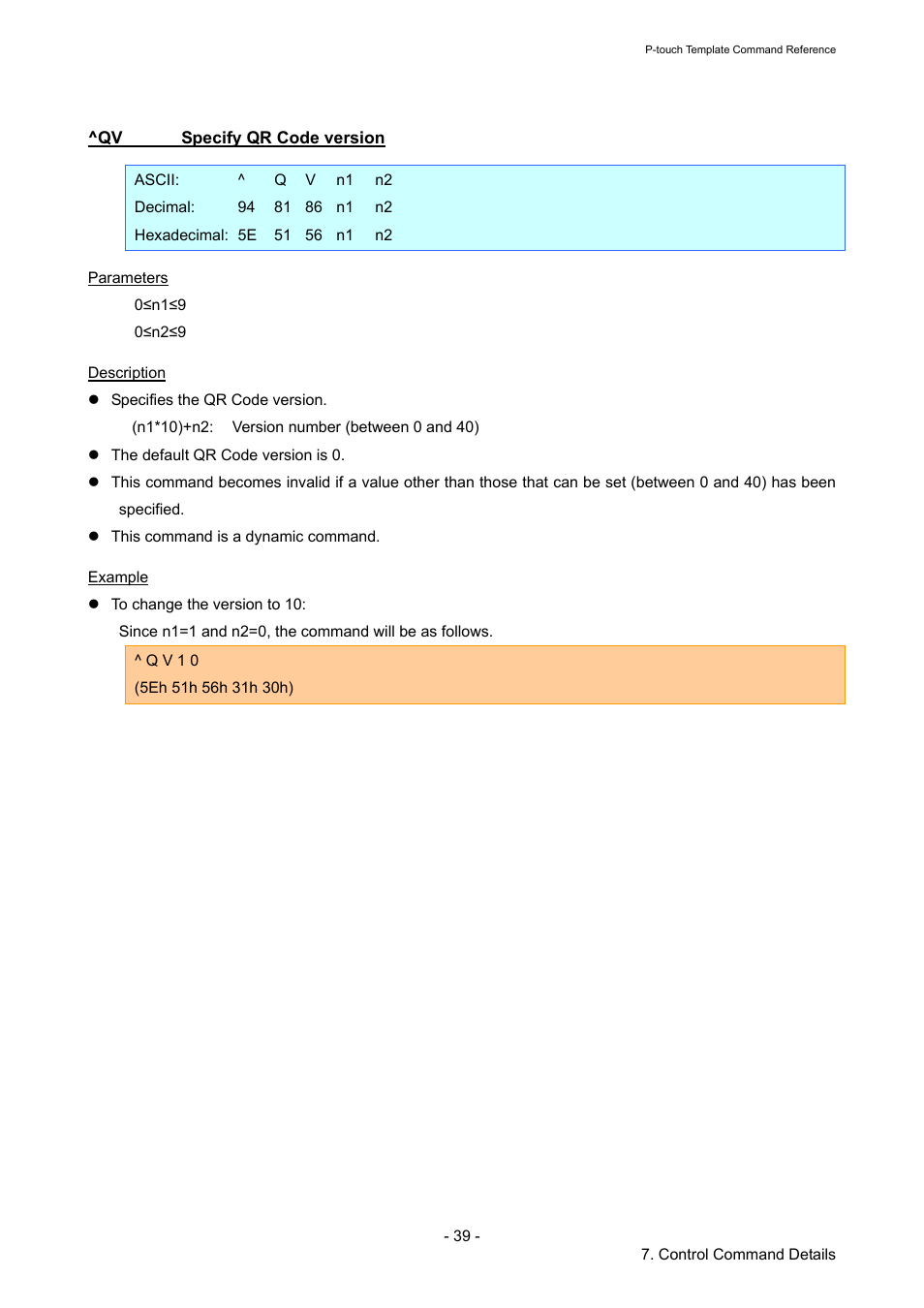 Qv specify qr code version, Specify qr code version | Brother QL-720NW User Manual | Page 44 / 96