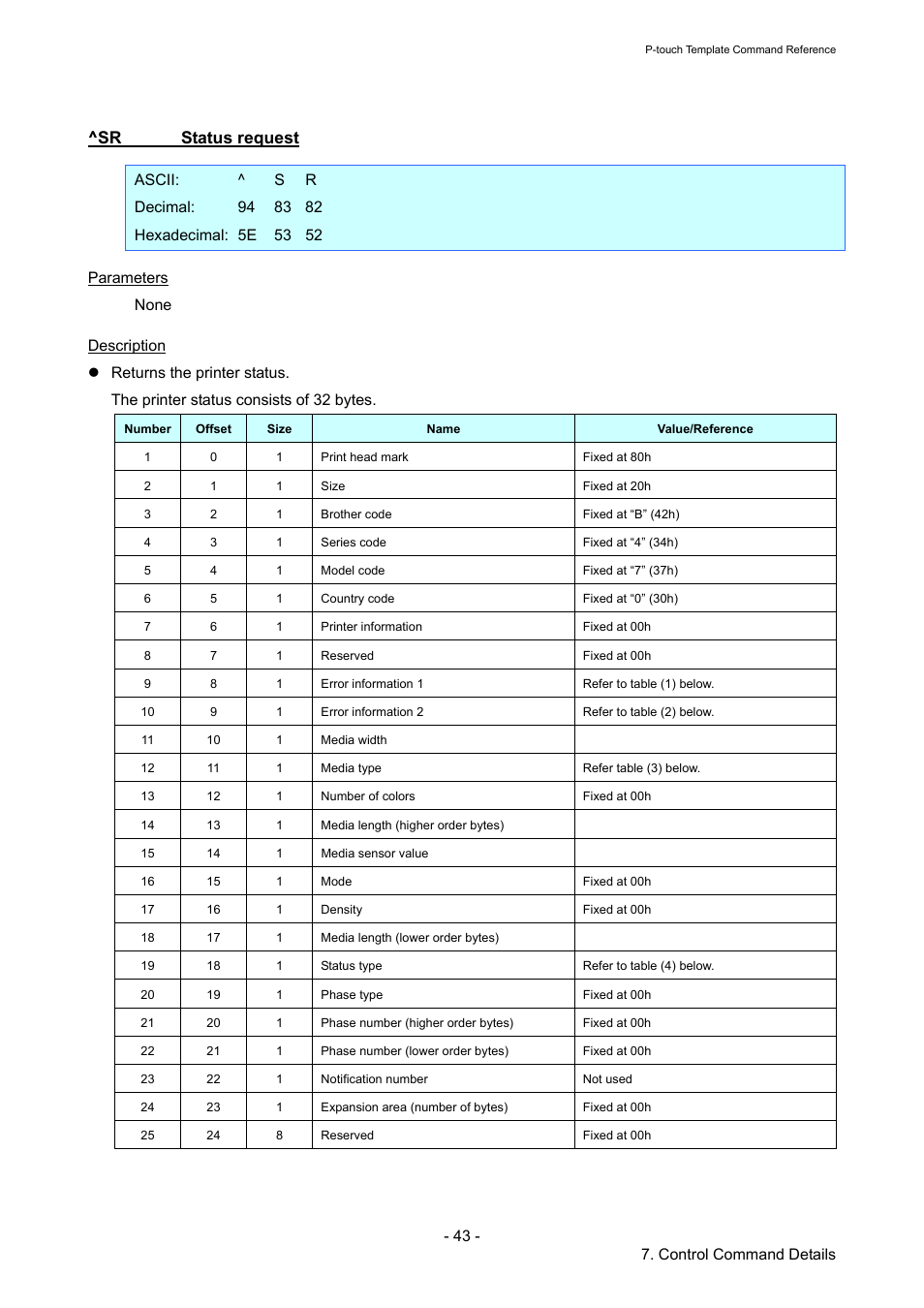 Sr status request, Status request, 43 - 7. control command details | Brother QL-720NW User Manual | Page 48 / 96