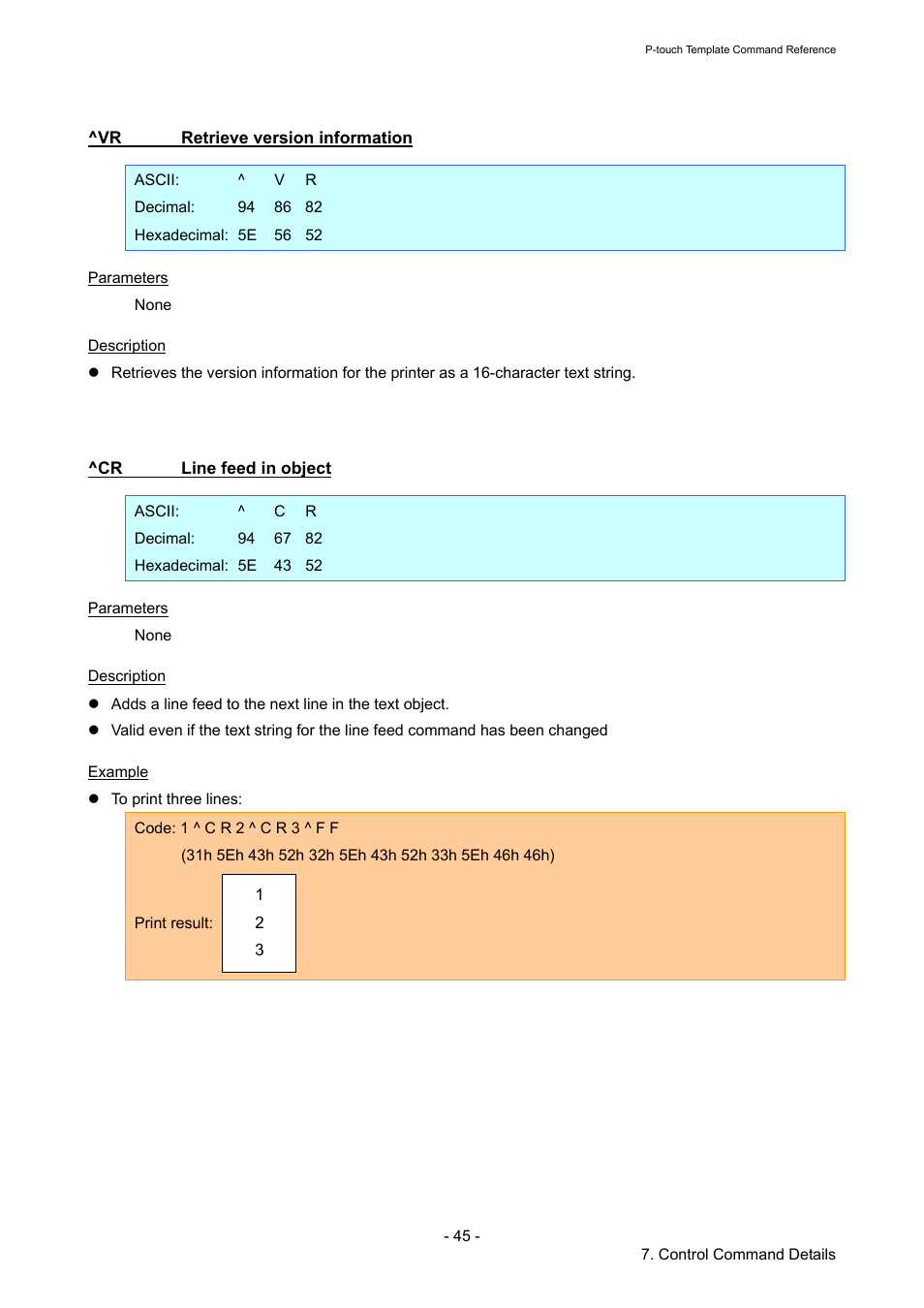 Vr retrieve version information, Cr line feed in object, Retrieve version information | Line feed in object | Brother QL-720NW User Manual | Page 50 / 96