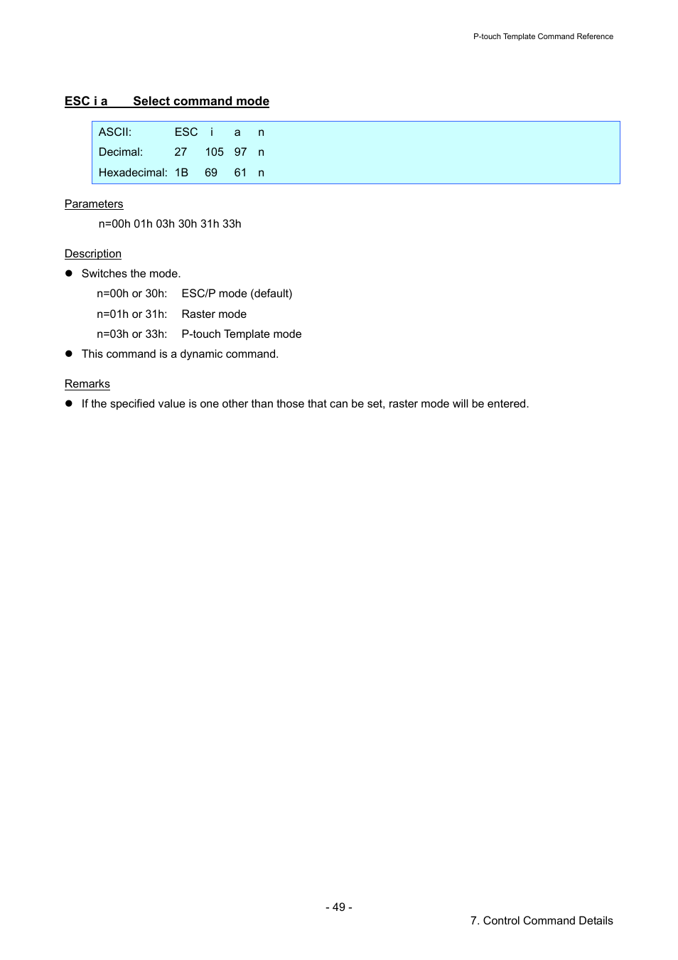 Esc i a select command mode, Esc i a, Select command mode | Brother QL-720NW User Manual | Page 54 / 96