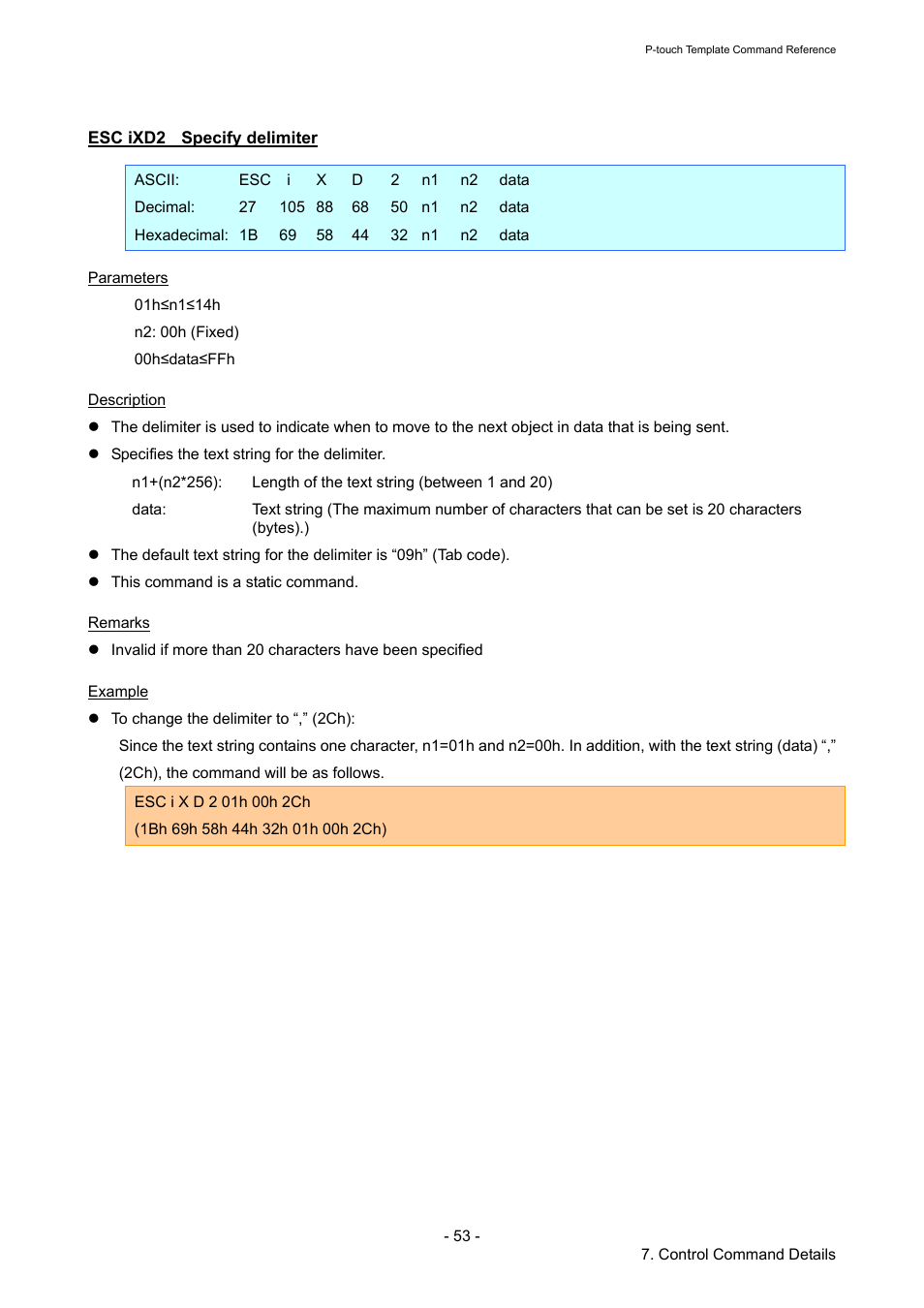 Esc ixd2 specify delimiter, Esc ixd2, Specify delimiter | Brother QL-720NW User Manual | Page 58 / 96