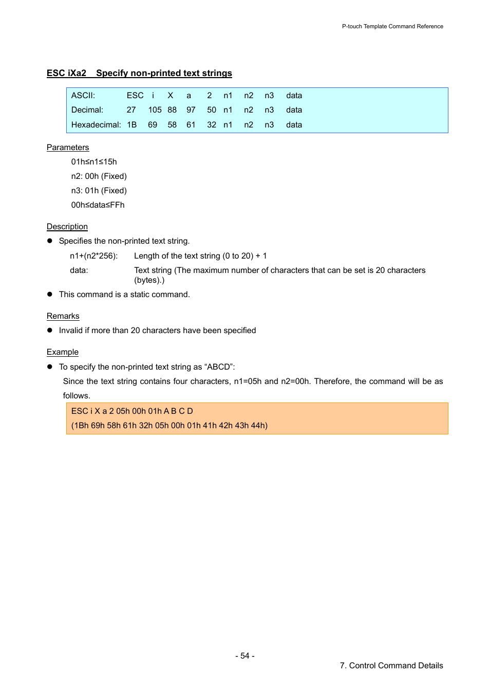 Esc ixa2 specify non-printed text strings, Esc ixa2, Specify non-printed text strings | Brother QL-720NW User Manual | Page 59 / 96