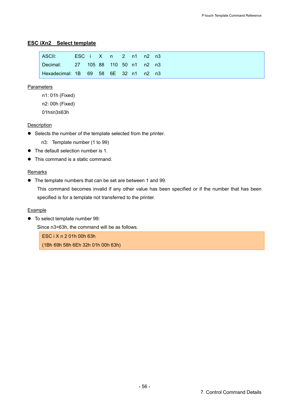 Esc ixn2 select template, Esc ixn2, Select template | Brother QL-720NW User Manual | Page 61 / 96