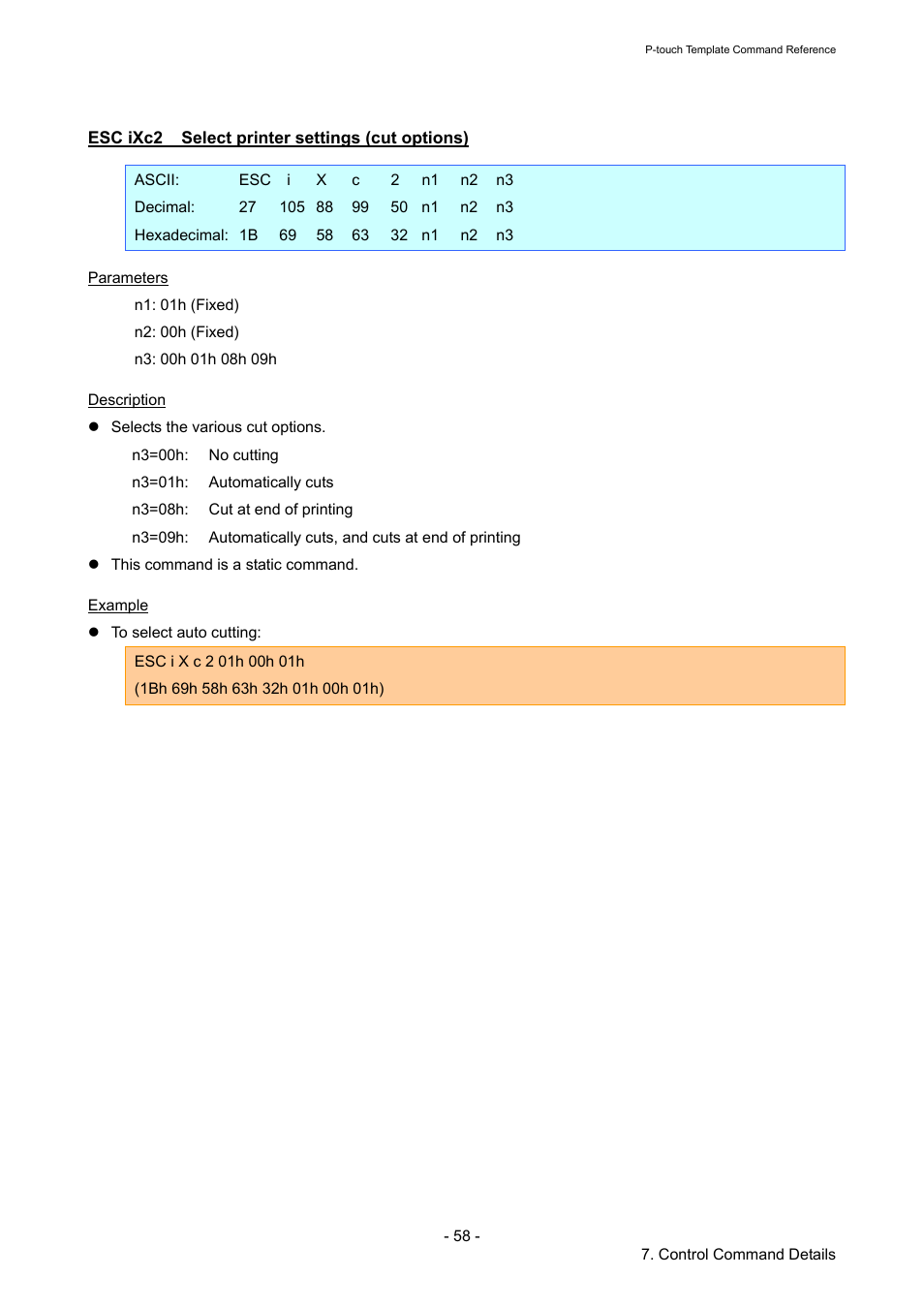 Esc ixc2 select printer settings (cut options), Esc ixc2, Select printer settings (cut options) | Brother QL-720NW User Manual | Page 63 / 96