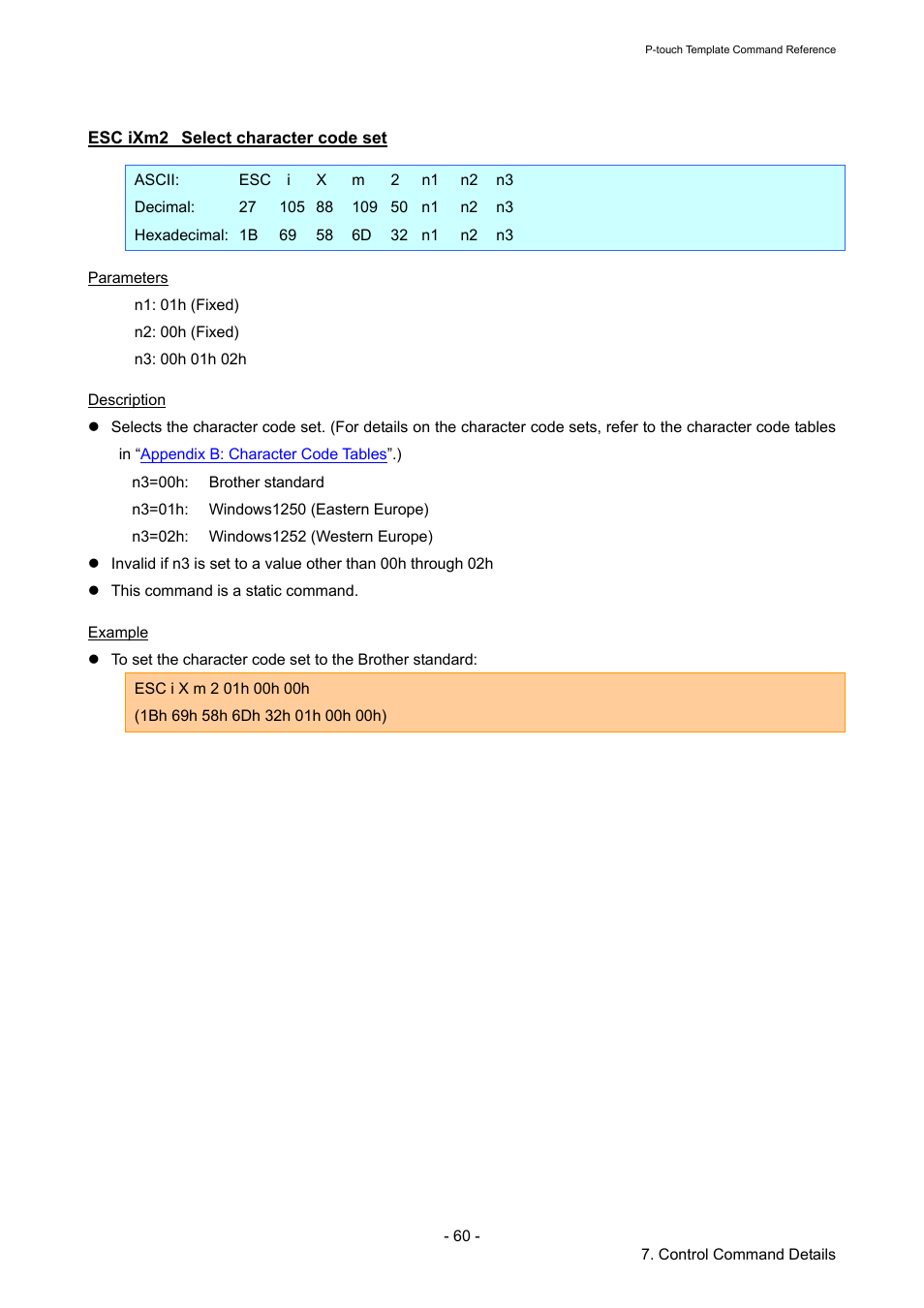 Esc ixm2 select character code set, Esc ixm2, Select character code set | Brother QL-720NW User Manual | Page 65 / 96