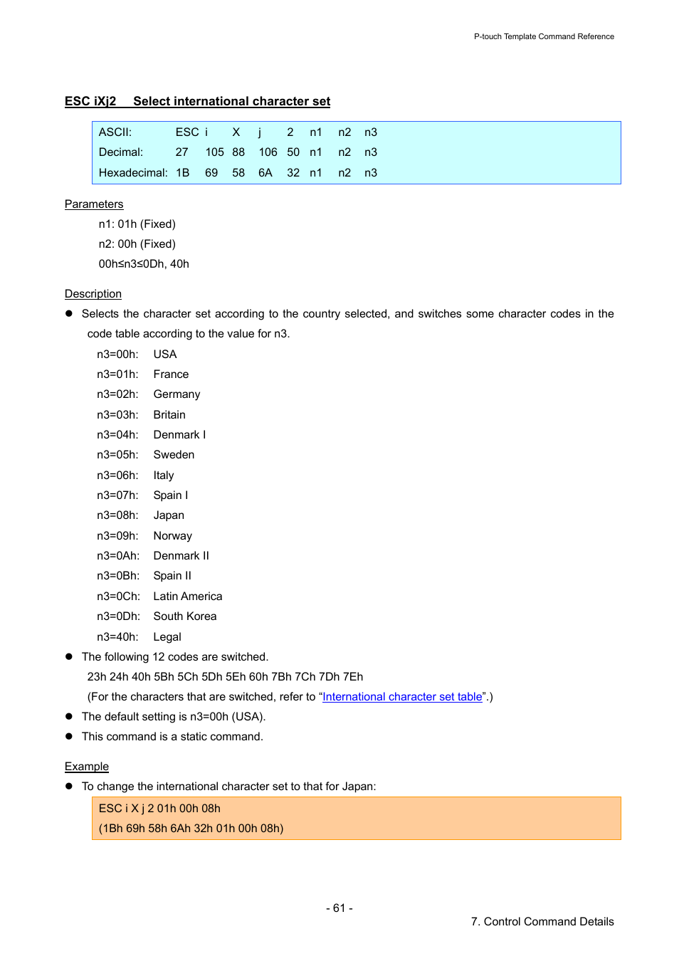 Esc ixj2 select international character set, Esc ixj2, Select international character set | Brother QL-720NW User Manual | Page 66 / 96