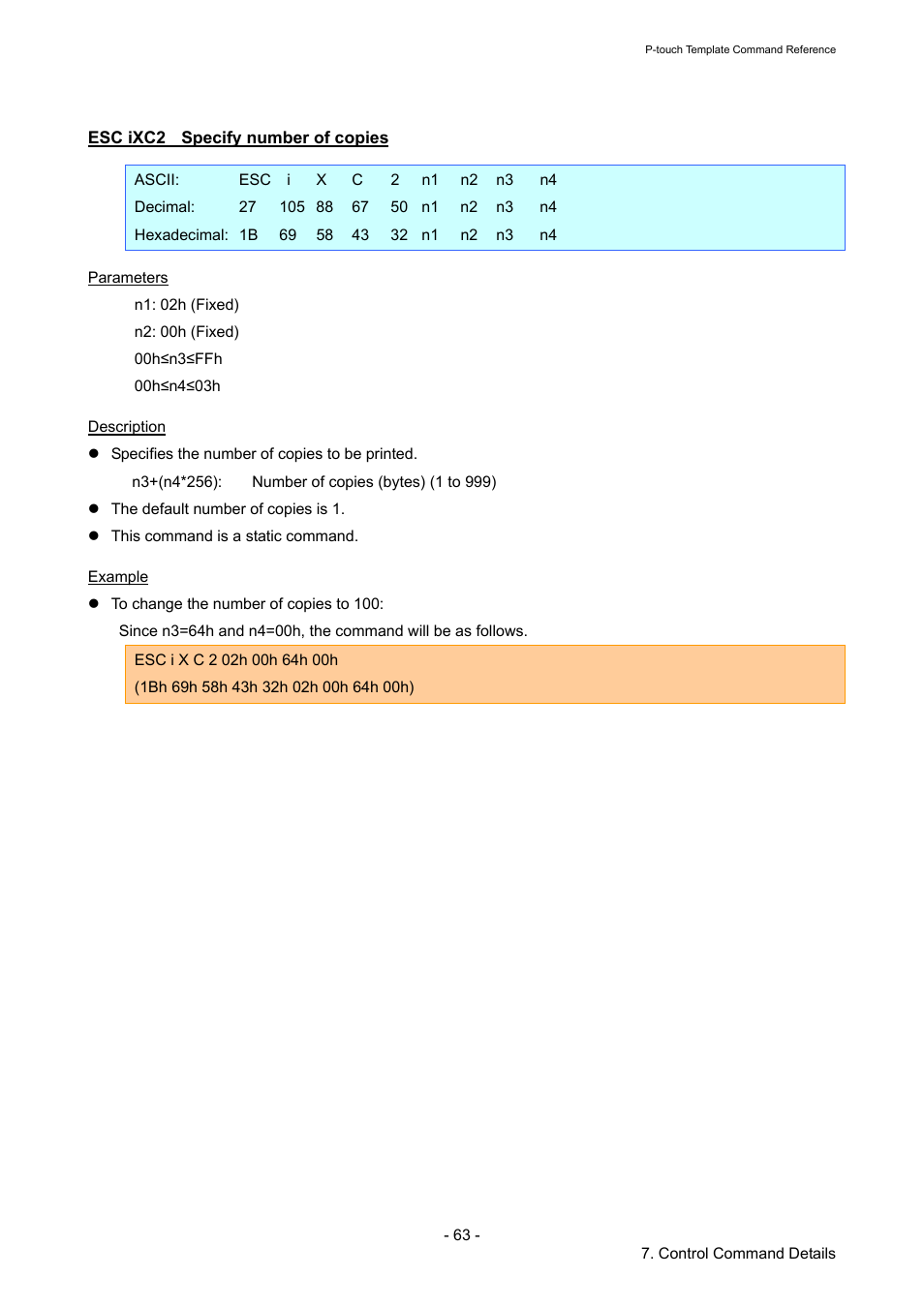 Esc ixc2 specify number of copies, Esc ixc2, Specify number of copies | Brother QL-720NW User Manual | Page 68 / 96