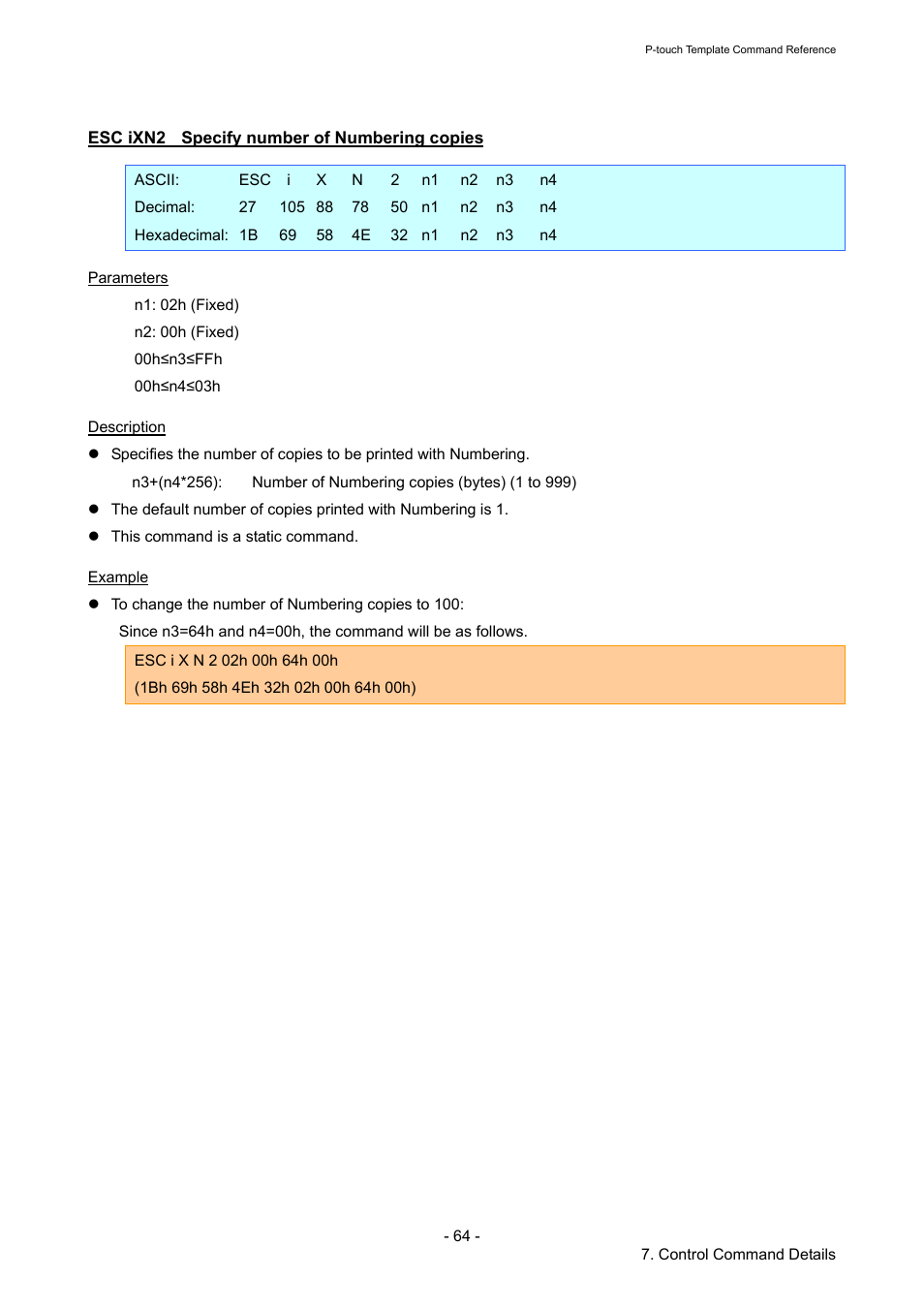 Esc ixn2 specify number of numbering copies, Esc ixn2, Specify number of numbering copies | Brother QL-720NW User Manual | Page 69 / 96