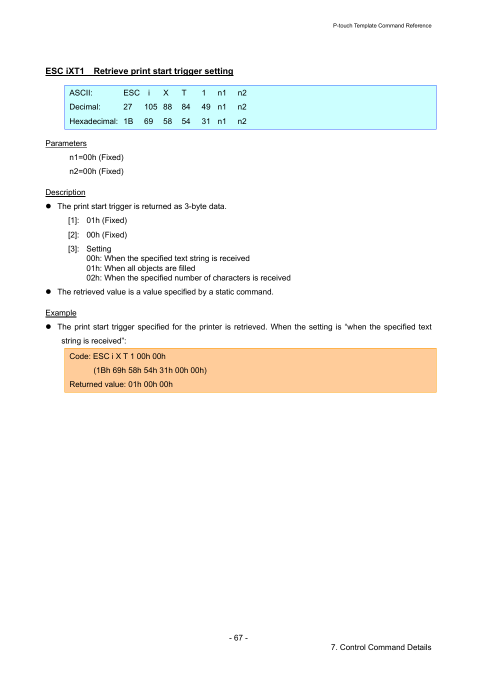 Esc ixt1 retrieve print start trigger setting, Esc ixt1, Retrieve print start trigger setting | Brother QL-720NW User Manual | Page 72 / 96
