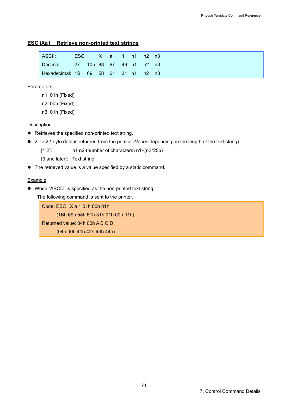 Esc ixa1 retrieve non-printed text strings, Esc ixa1, Retrieve non-printed text strings | Brother QL-720NW User Manual | Page 76 / 96