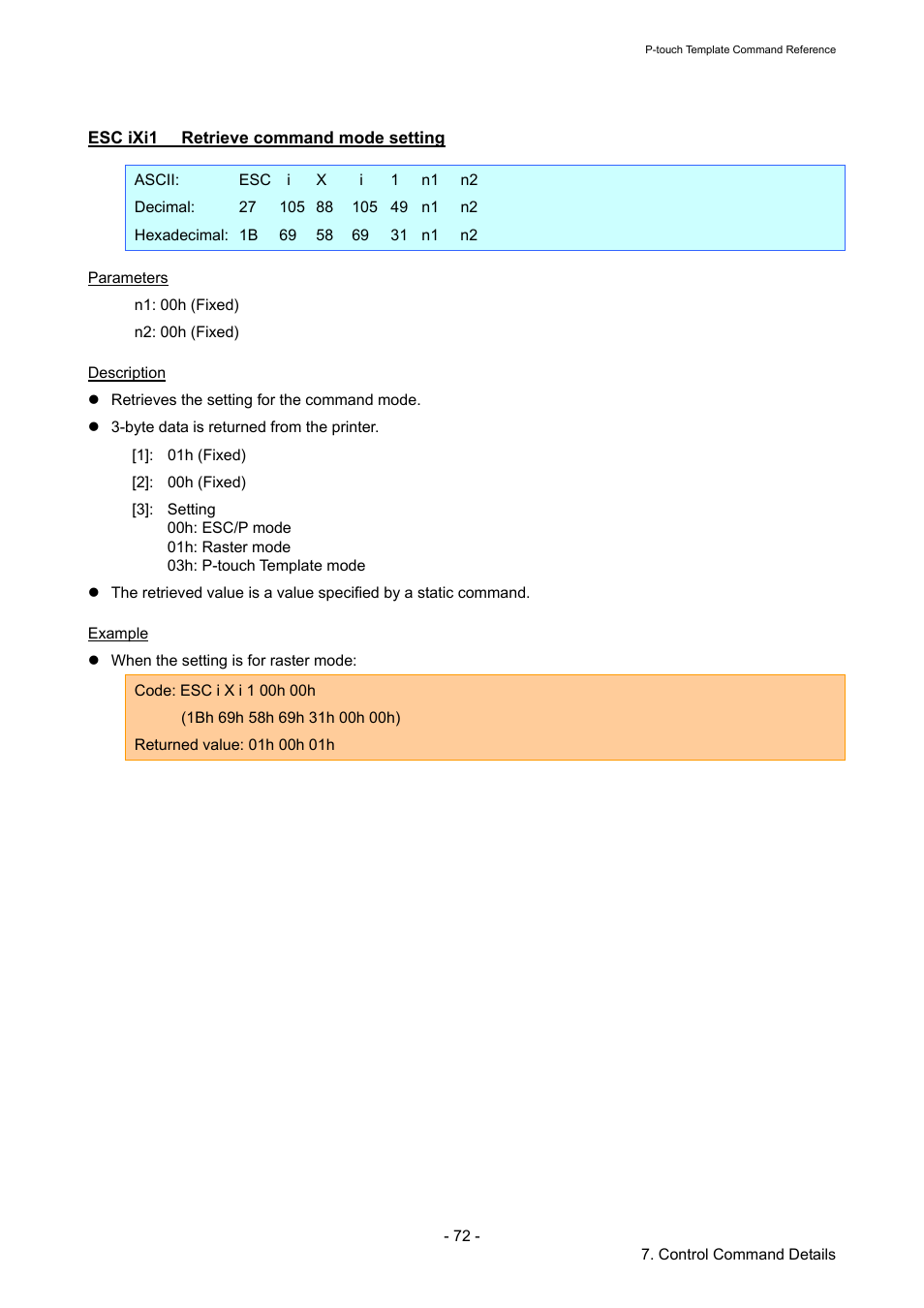 Esc ixi1 retrieve command mode setting, Esc ixi1, Retrieve command mode setting | Brother QL-720NW User Manual | Page 77 / 96