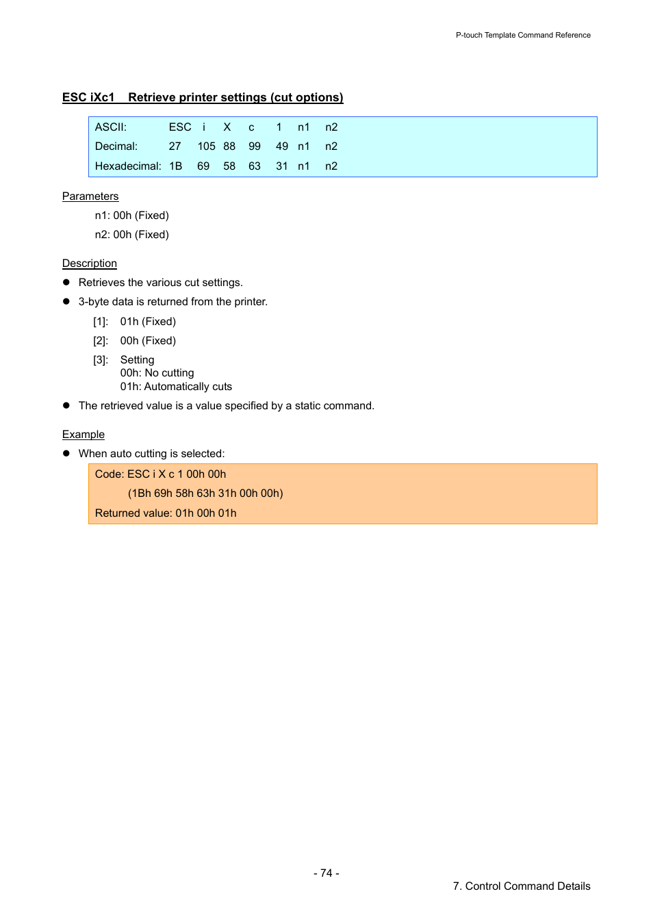 Esc ixc1 retrieve printer settings (cut options), Esc ixc1, Retrieve printer settings (cut options) | Brother QL-720NW User Manual | Page 79 / 96