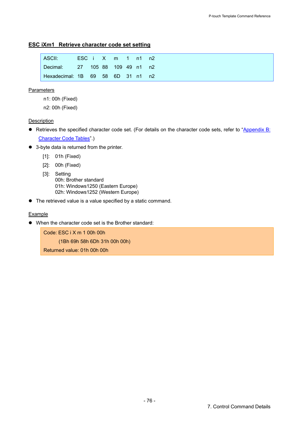 Esc ixm1 retrieve character code set setting, Esc ixm1, Retrieve character code set setting | Brother QL-720NW User Manual | Page 81 / 96
