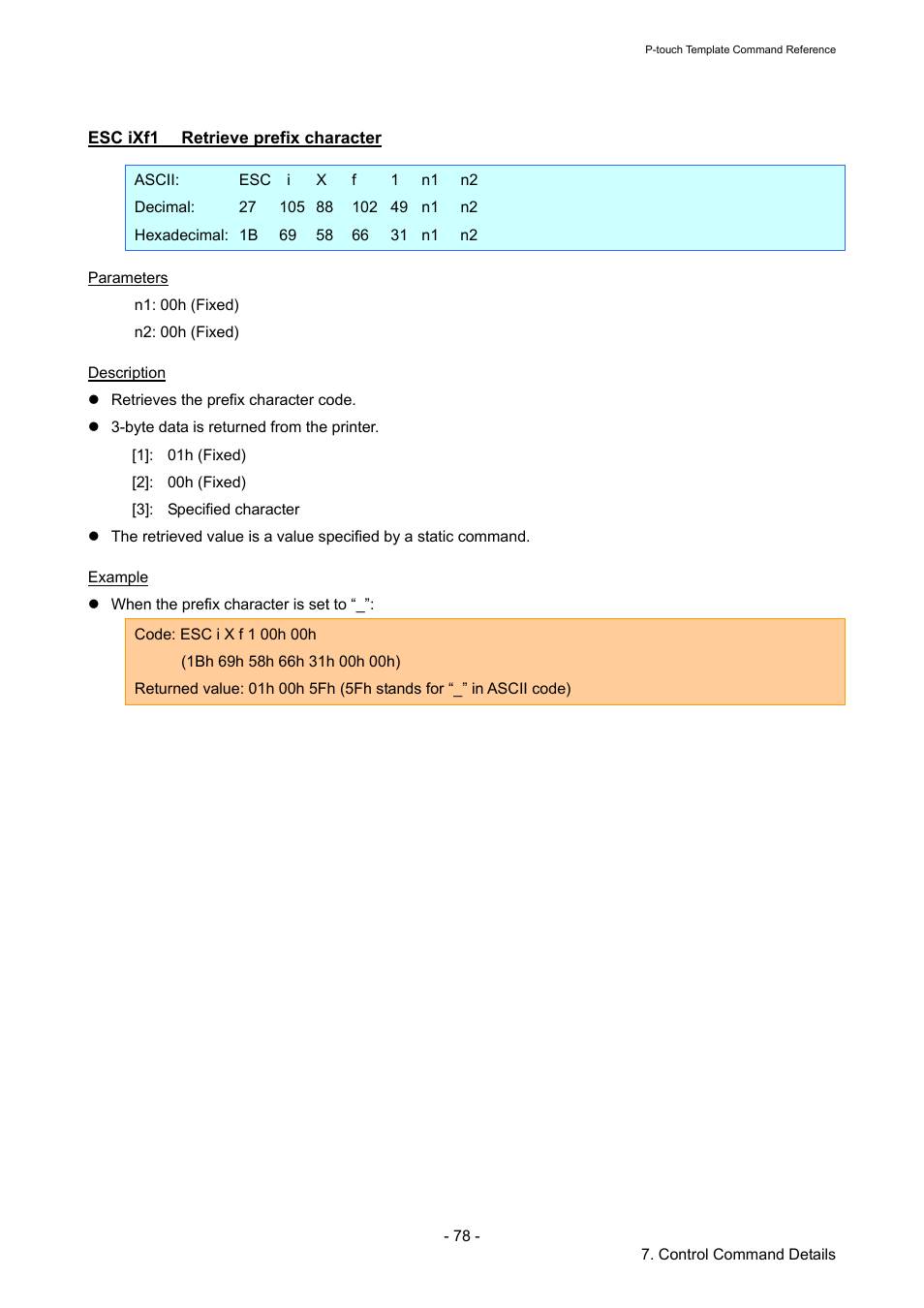 Esc ixf1 retrieve prefix character, Esc ixf1, Retrieve prefix character | Brother QL-720NW User Manual | Page 83 / 96