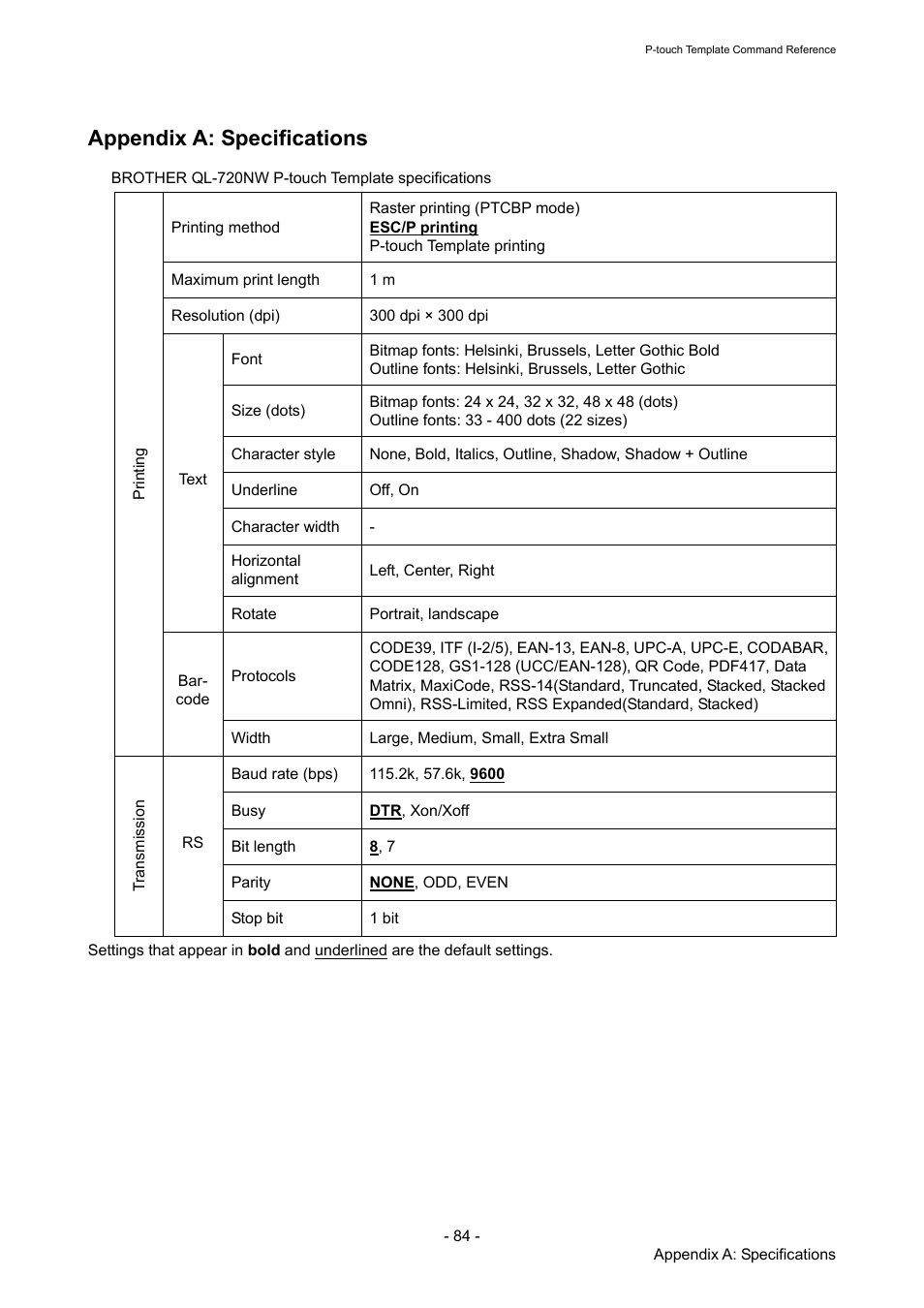 Appendix a: specifications | Brother QL-720NW User Manual | Page 89 / 96