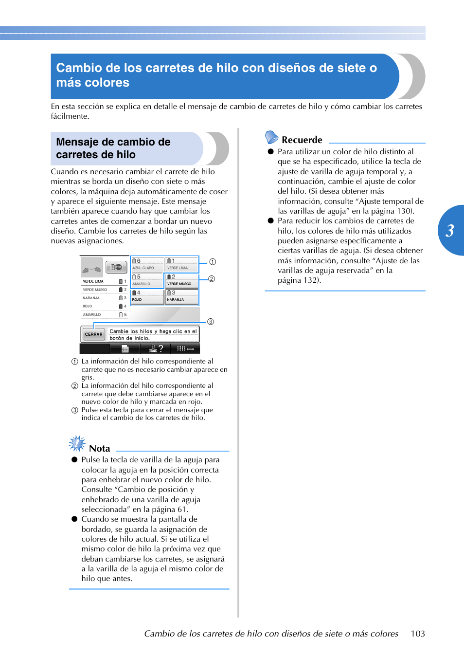 Mensaje de cambio de carretes de hilo | Brother PR655 User Manual | Page 105 / 280