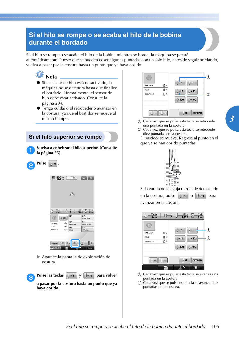 Si el hilo superior se rompe, Nota | Brother PR655 User Manual | Page 107 / 280