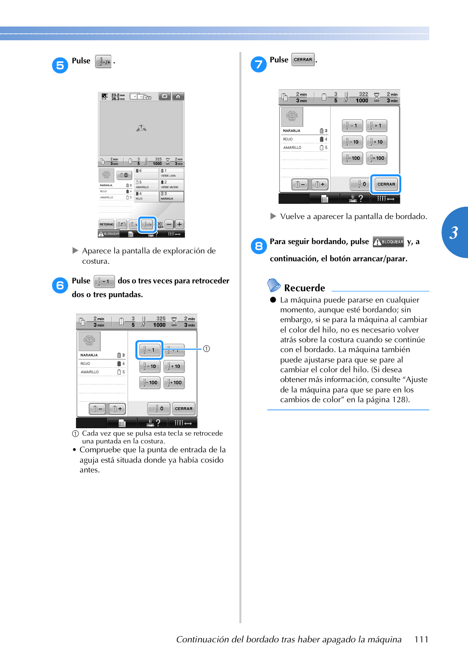 Recuerde | Brother PR655 User Manual | Page 113 / 280