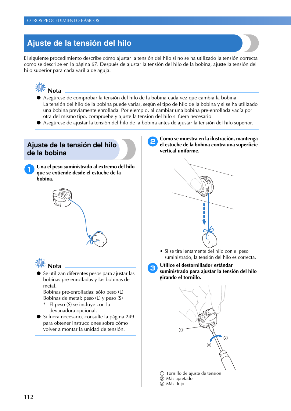 Ajuste de la tensión del hilo, Ajuste de la tensión del hilo de la bobina | Brother PR655 User Manual | Page 114 / 280