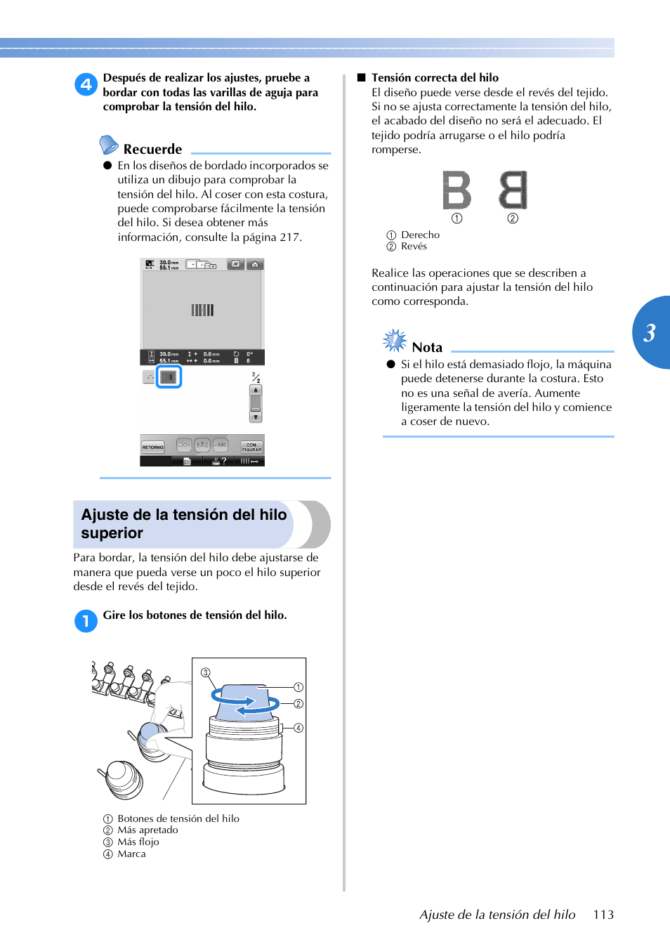Ajuste de la tensión del hilo superior | Brother PR655 User Manual | Page 115 / 280