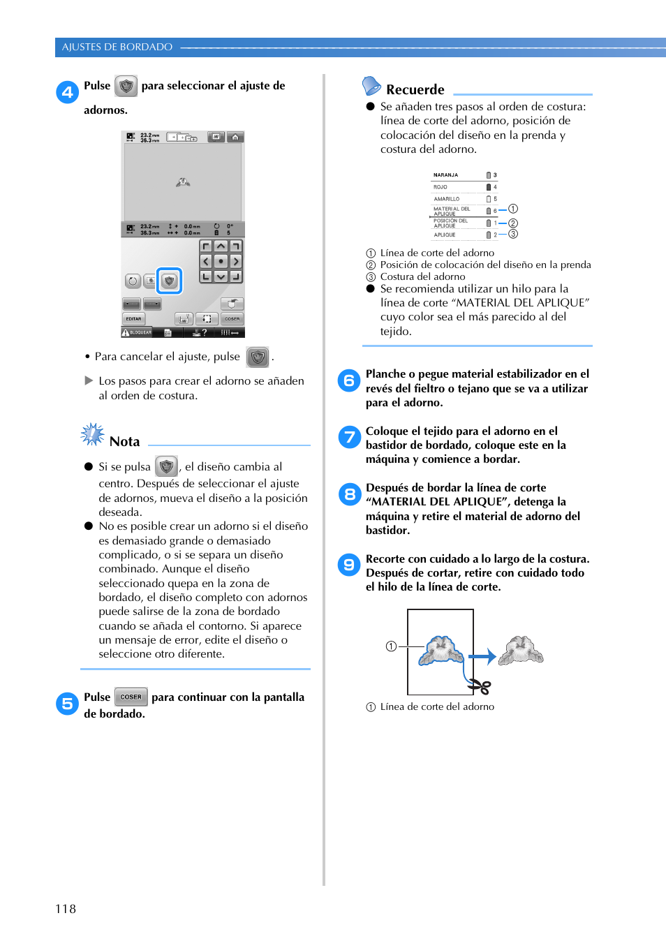 Nota, Recuerde | Brother PR655 User Manual | Page 120 / 280