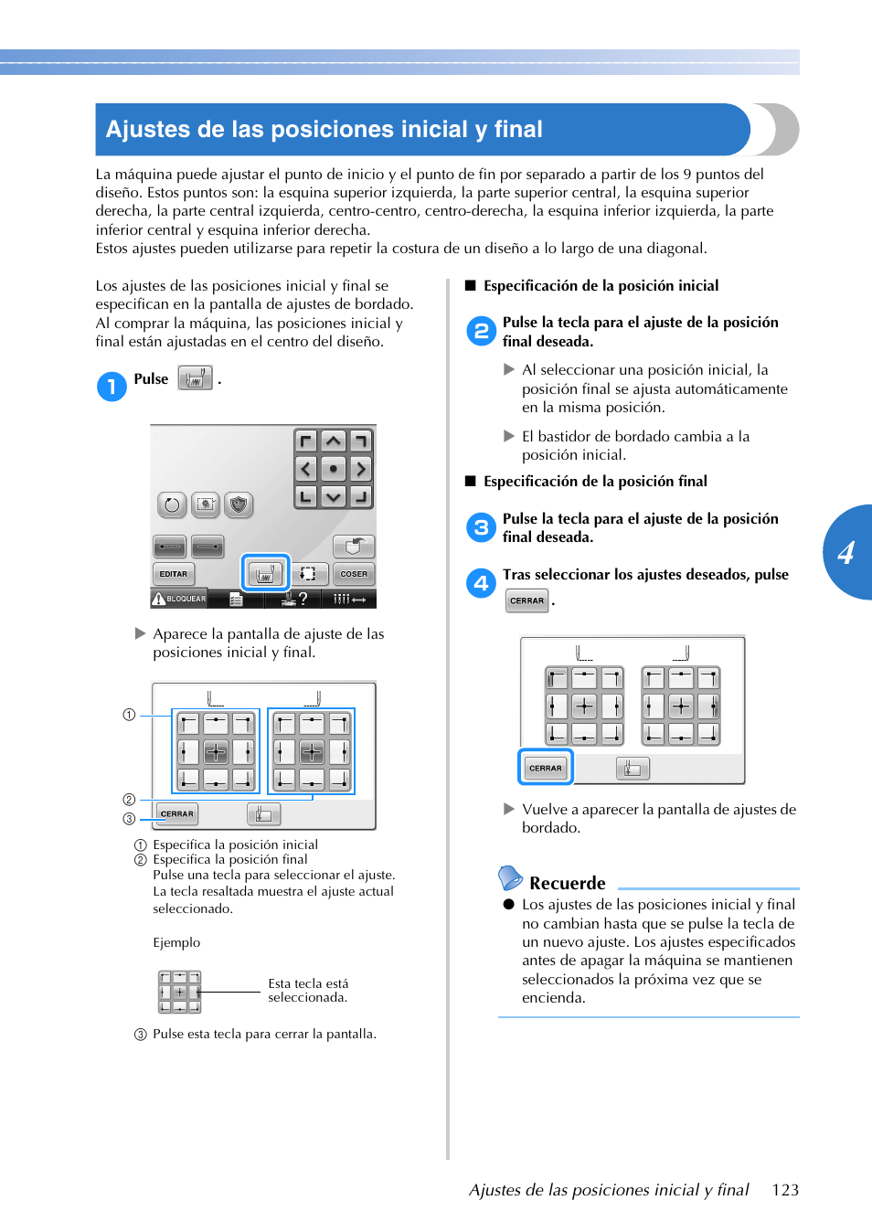 Ajustes de las posiciones inicial y final, Recuerde | Brother PR655 User Manual | Page 125 / 280