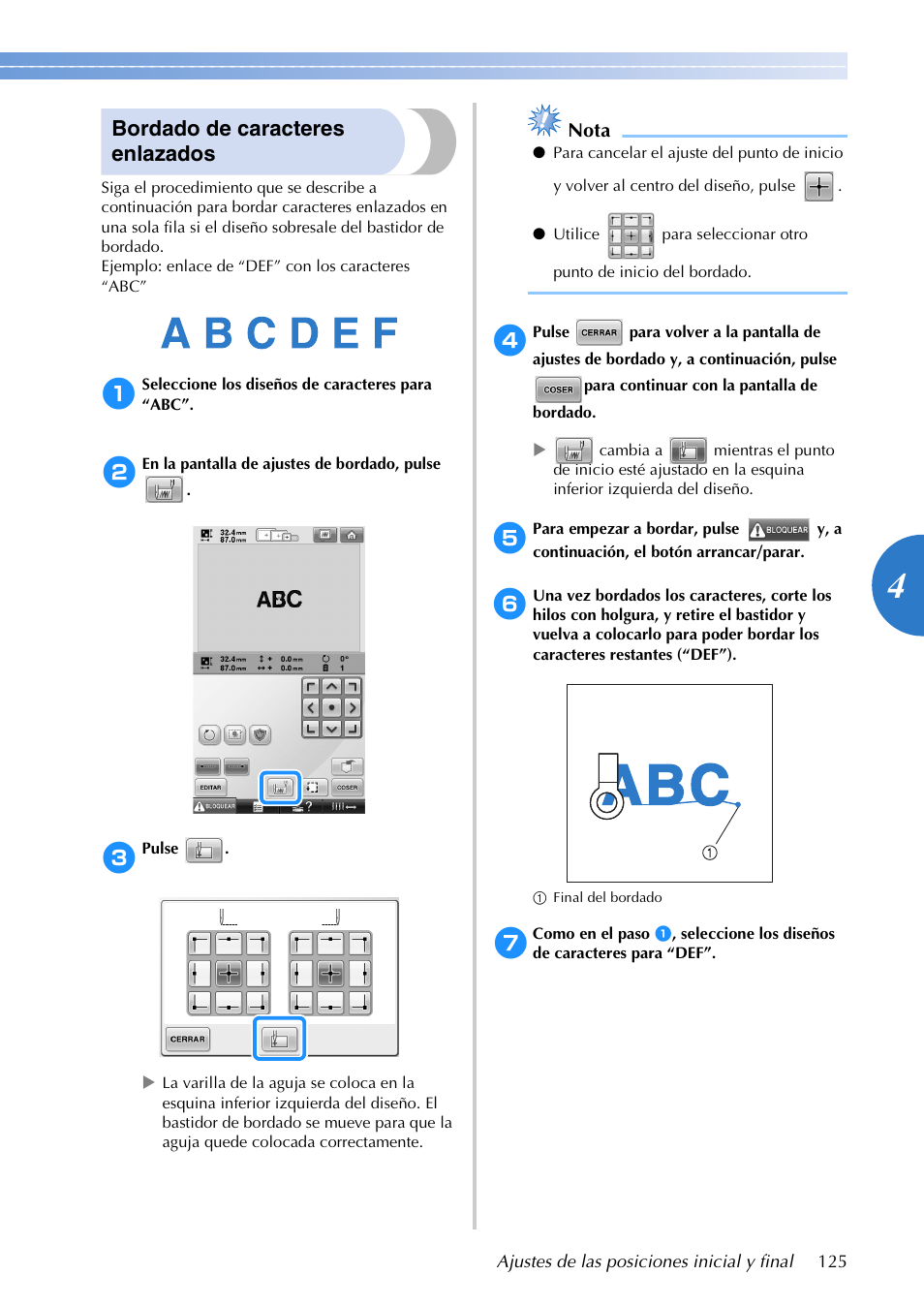 Bordado de caracteres enlazados, Nota | Brother PR655 User Manual | Page 127 / 280