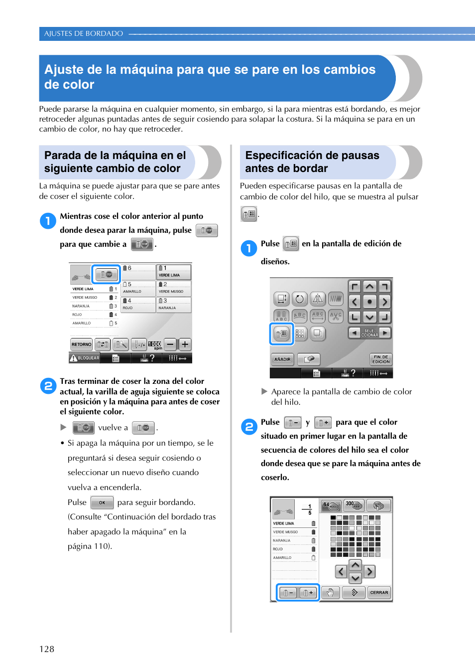Especificación de pausas antes de bordar | Brother PR655 User Manual | Page 130 / 280