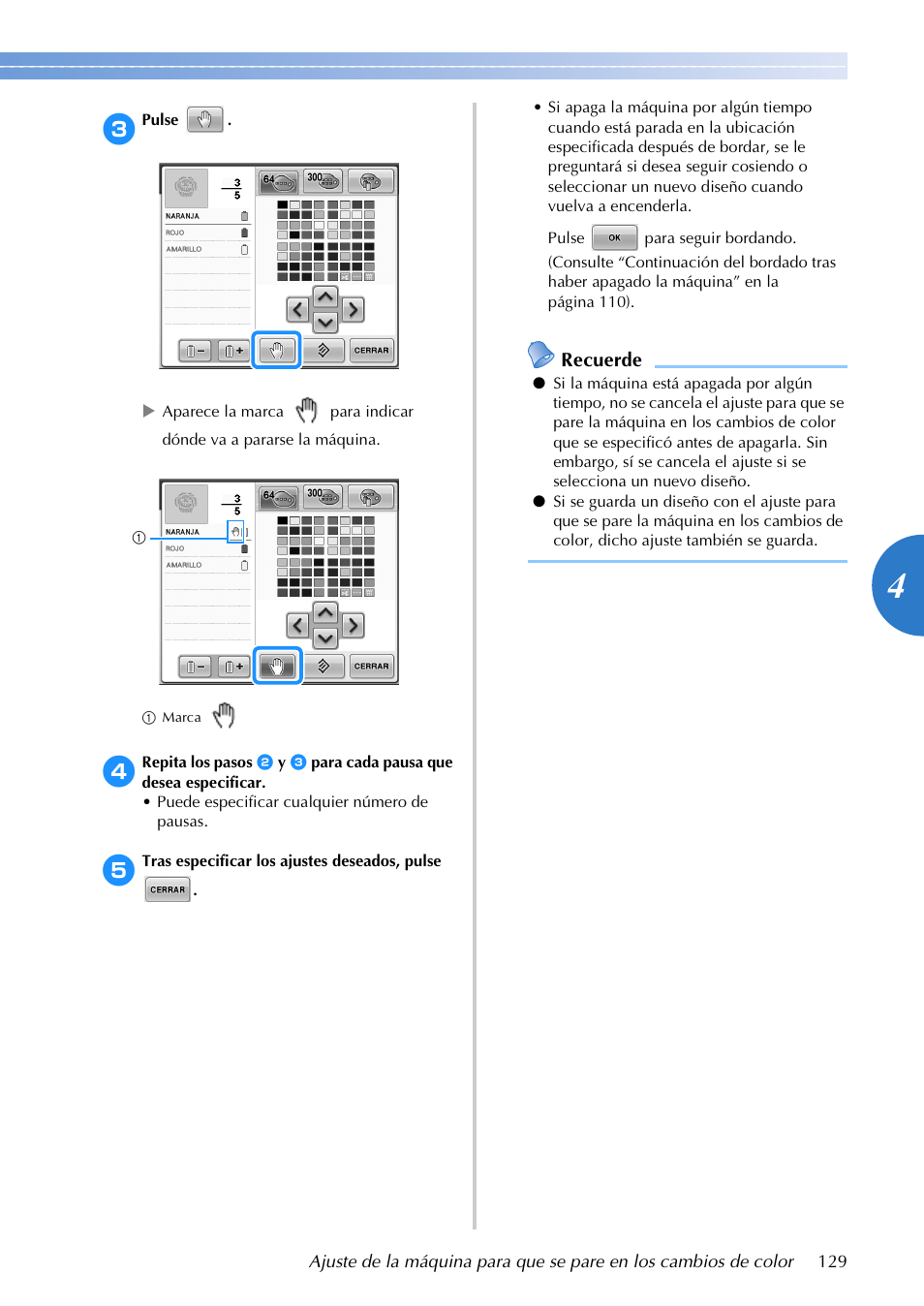 Recuerde | Brother PR655 User Manual | Page 131 / 280