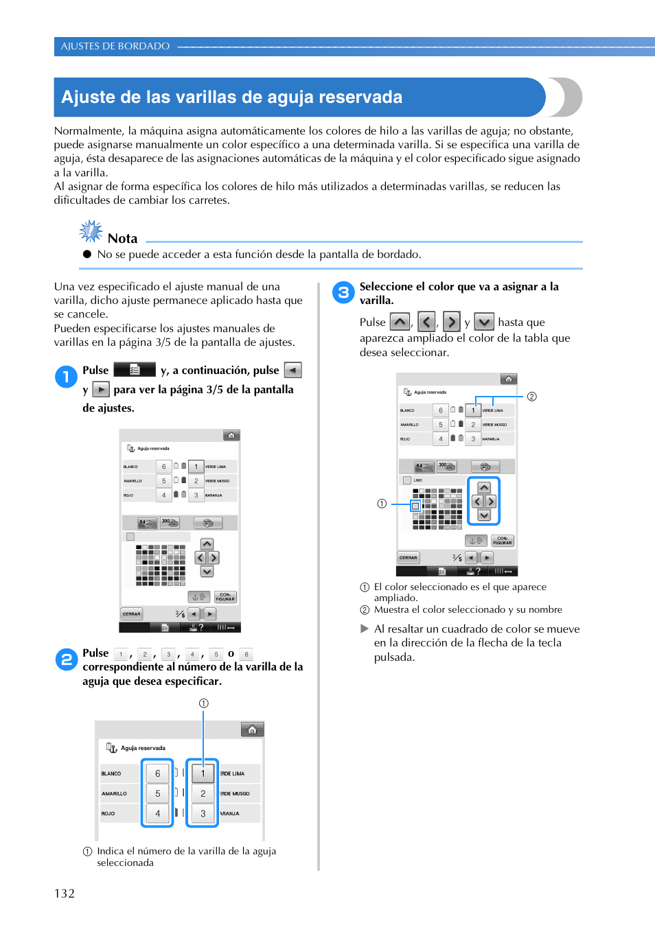 Ajuste de las varillas de aguja reservada, Nota | Brother PR655 User Manual | Page 134 / 280