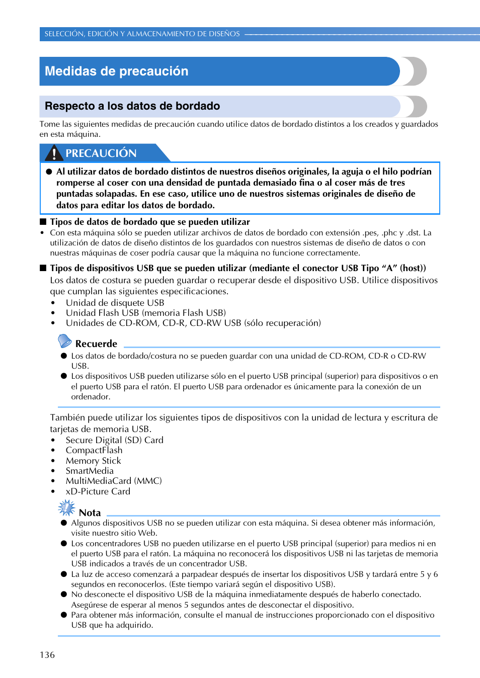 Medidas de precaución, Respecto a los datos de bordado, Precaución | Brother PR655 User Manual | Page 138 / 280