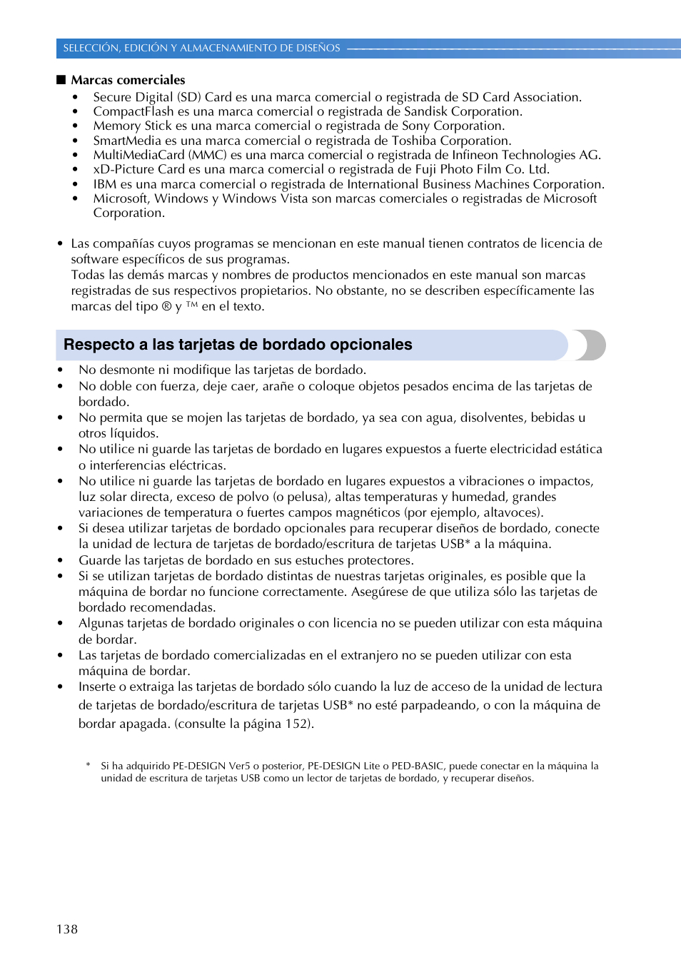 Respecto a las tarjetas de bordado opcionales | Brother PR655 User Manual | Page 140 / 280
