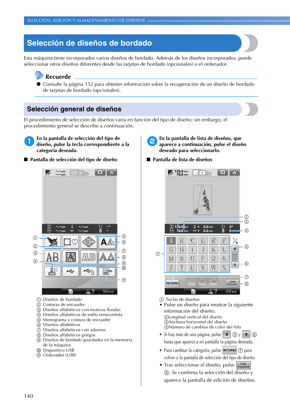 Selección de diseños de bordado, Selección general de diseños, Recuerde | Brother PR655 User Manual | Page 142 / 280