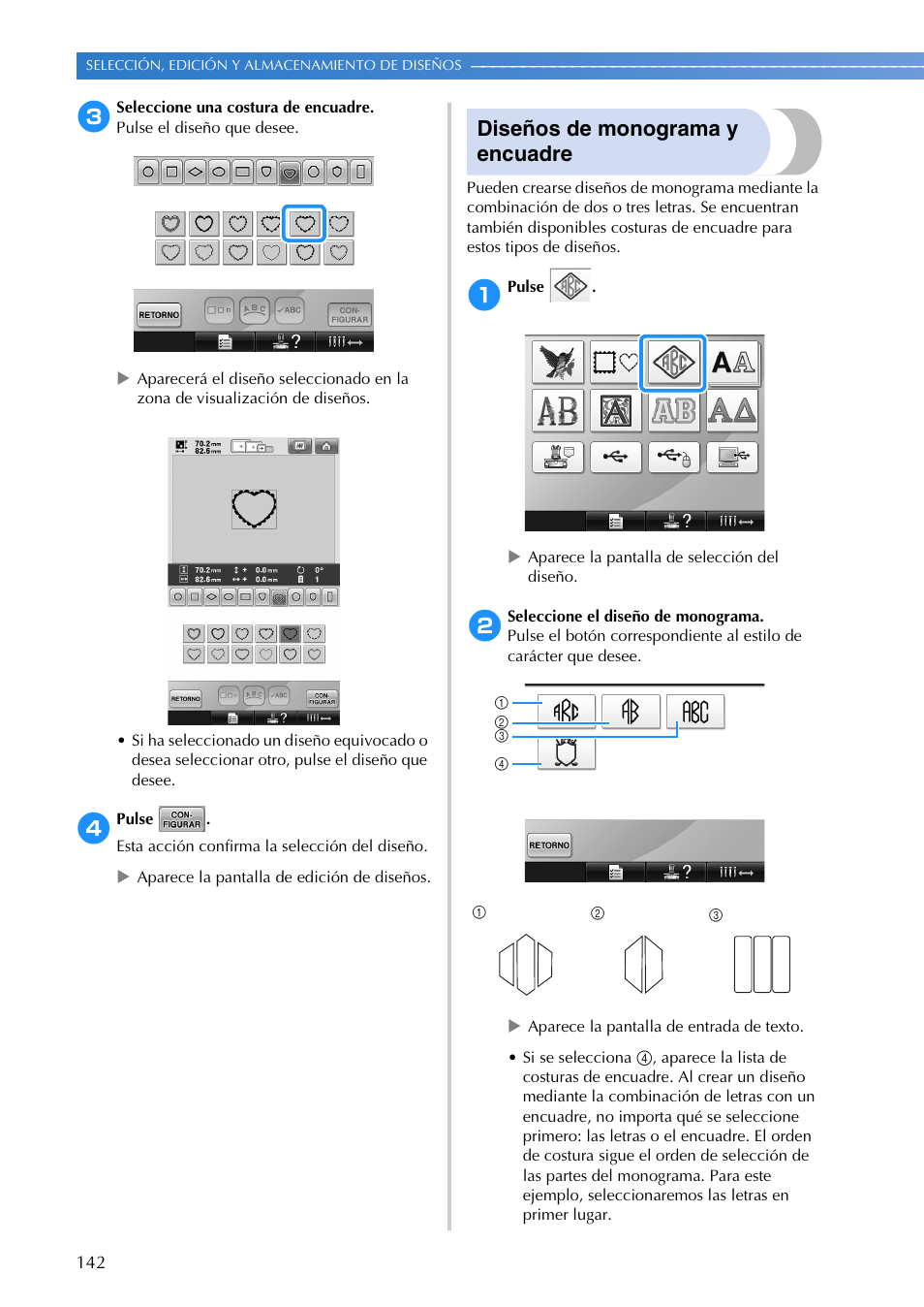 Diseños de monograma y encuadre | Brother PR655 User Manual | Page 144 / 280