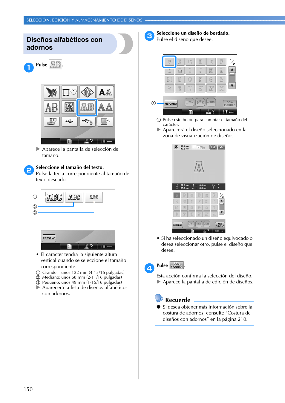 Diseños alfabéticos con adornos, Recuerde | Brother PR655 User Manual | Page 152 / 280