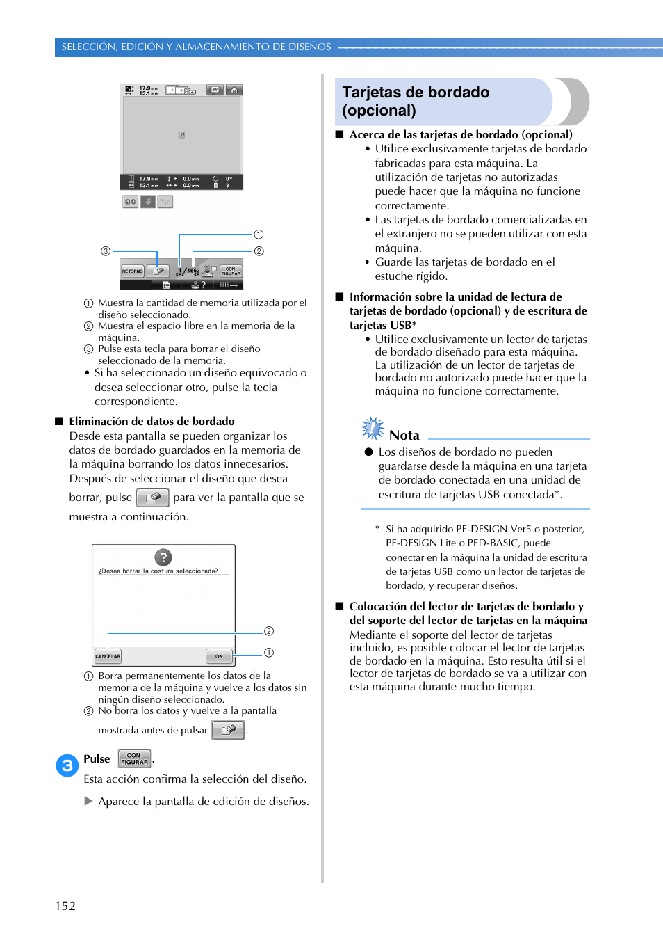 Tarjetas de bordado (opcional), Nota | Brother PR655 User Manual | Page 154 / 280