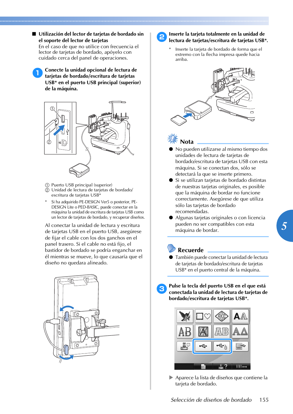 Nota, Recuerde | Brother PR655 User Manual | Page 157 / 280