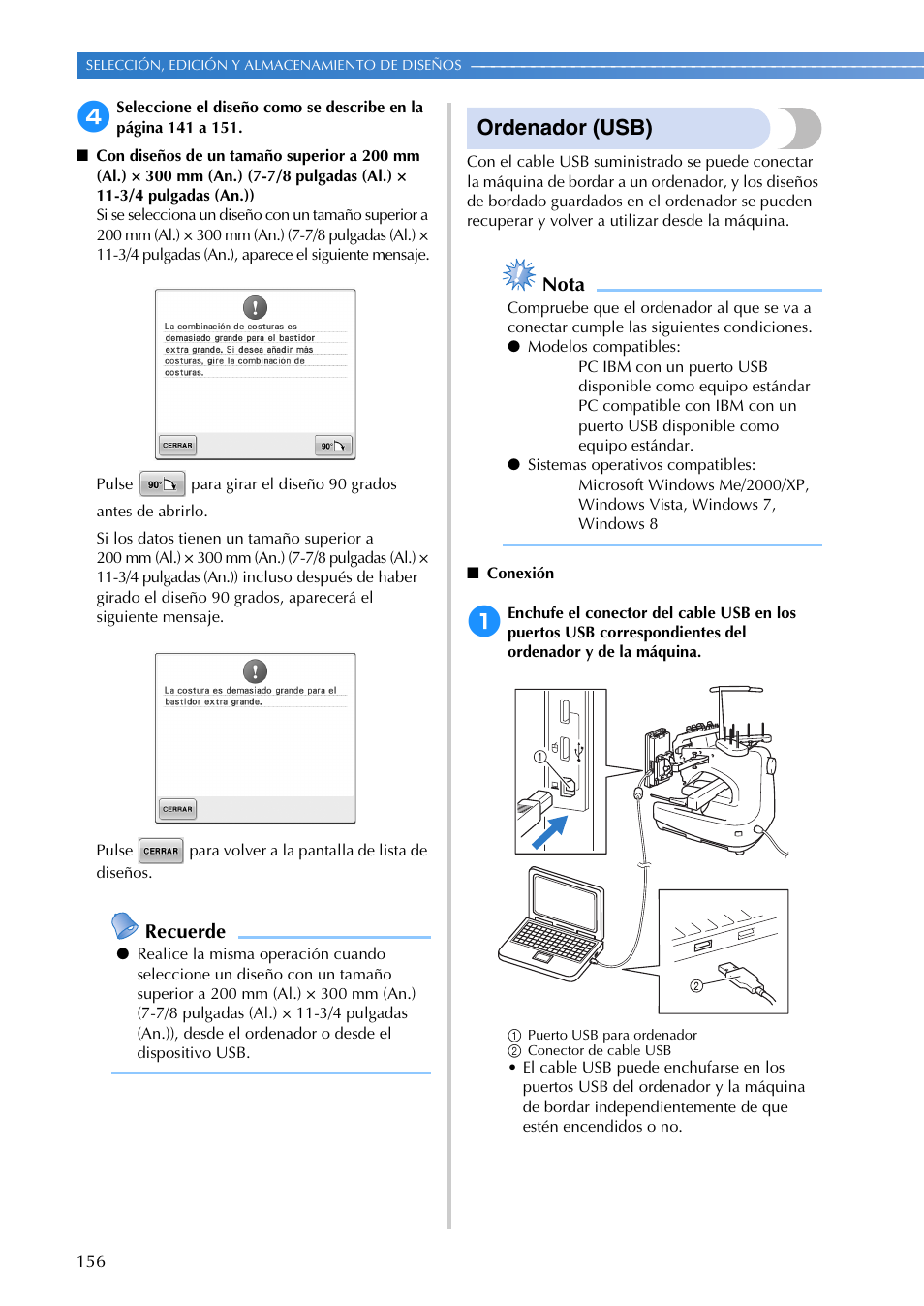 Ordenador (usb), Recuerde, Nota | Brother PR655 User Manual | Page 158 / 280