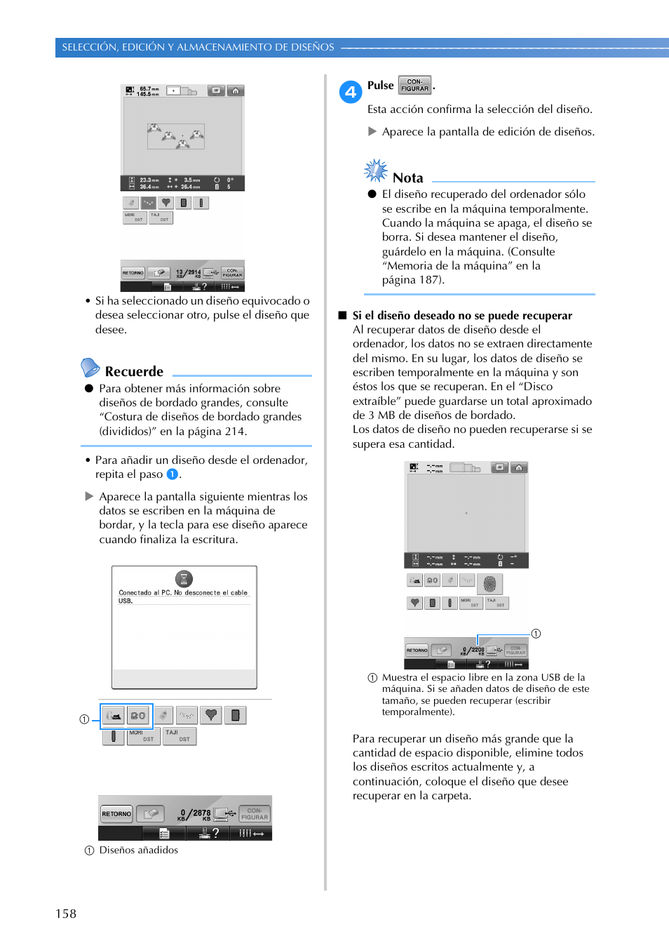 Recuerde, Nota | Brother PR655 User Manual | Page 160 / 280